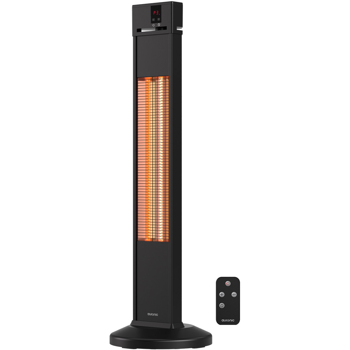 Chauffage électrique noir avec éléments chauffants orange et télécommande. Il possède un affichage numérique et une base ronde.