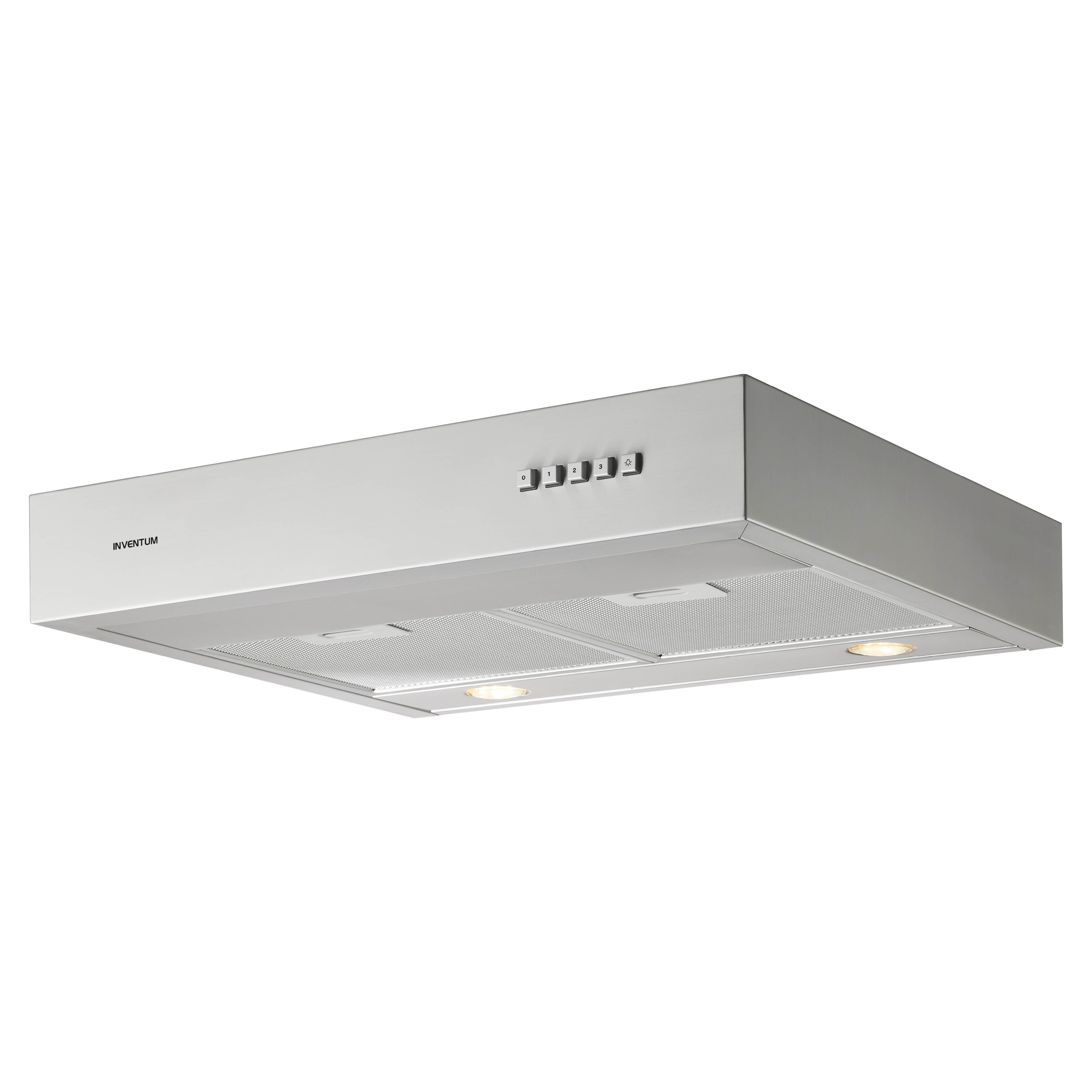 Een zilveren afzuigkap met knoppen en lampen, tegen een witte achtergrond. De merknaam is zichtbaar.