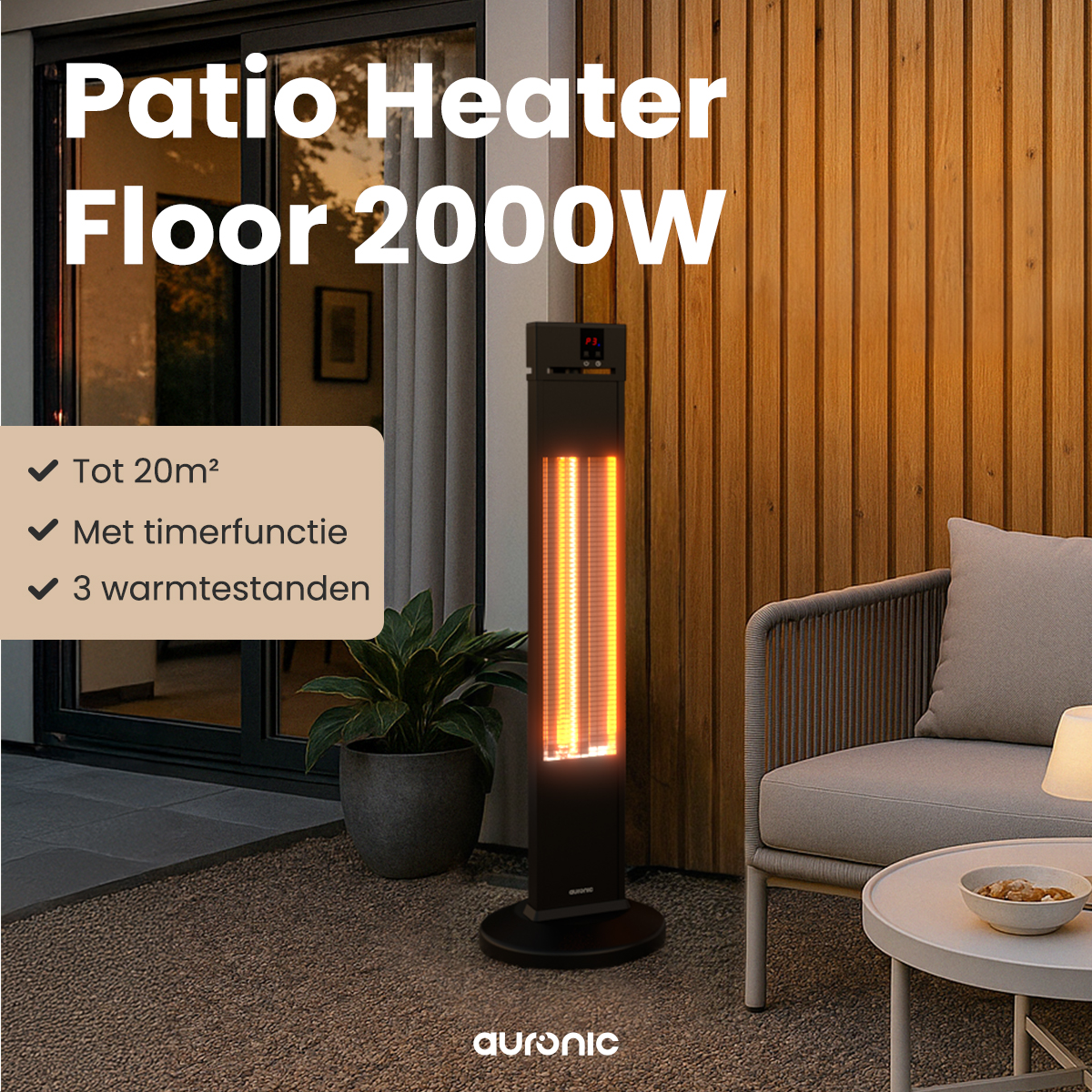 Un radiateur de terrasse noir avec des éléments chauffants orange vif est sur une terrasse. Le texte détaille ses caractéristiques et sa marque.