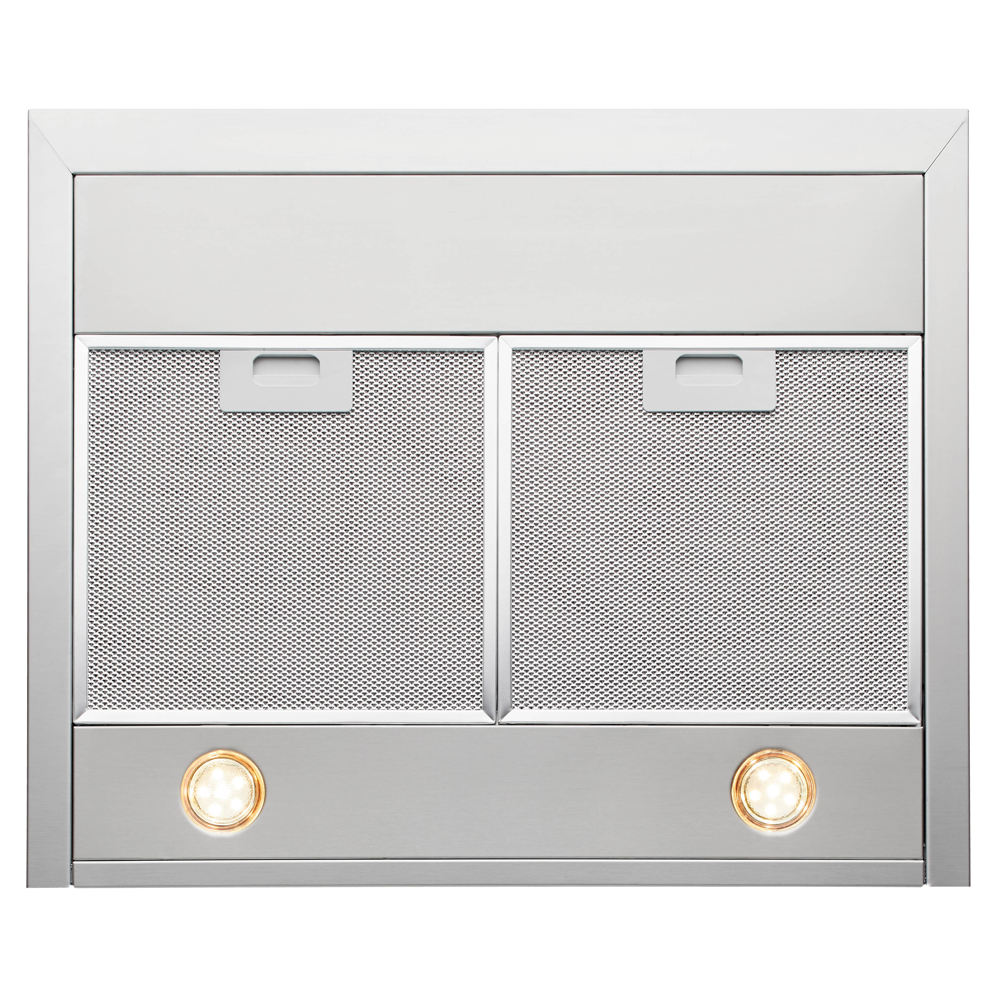 Roestvrijstalen afzuigkap met twee gaasfilters, twee lampen en een rechthoekig frame.