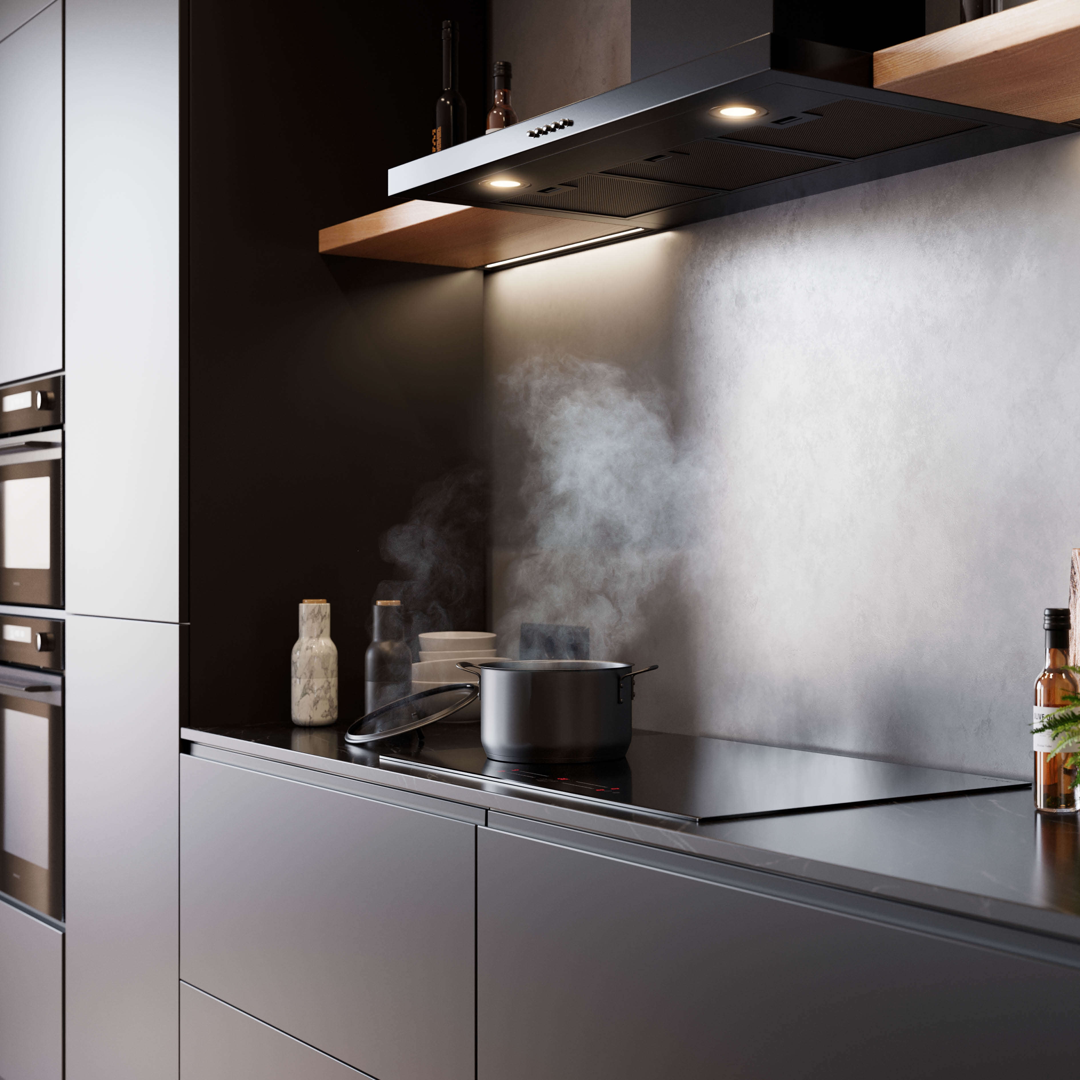 Een moderne keukenscène. Een pot stoomt op het fornuis. Kasten, een afzuigkap en diverse keukenartikelen zijn zichtbaar.