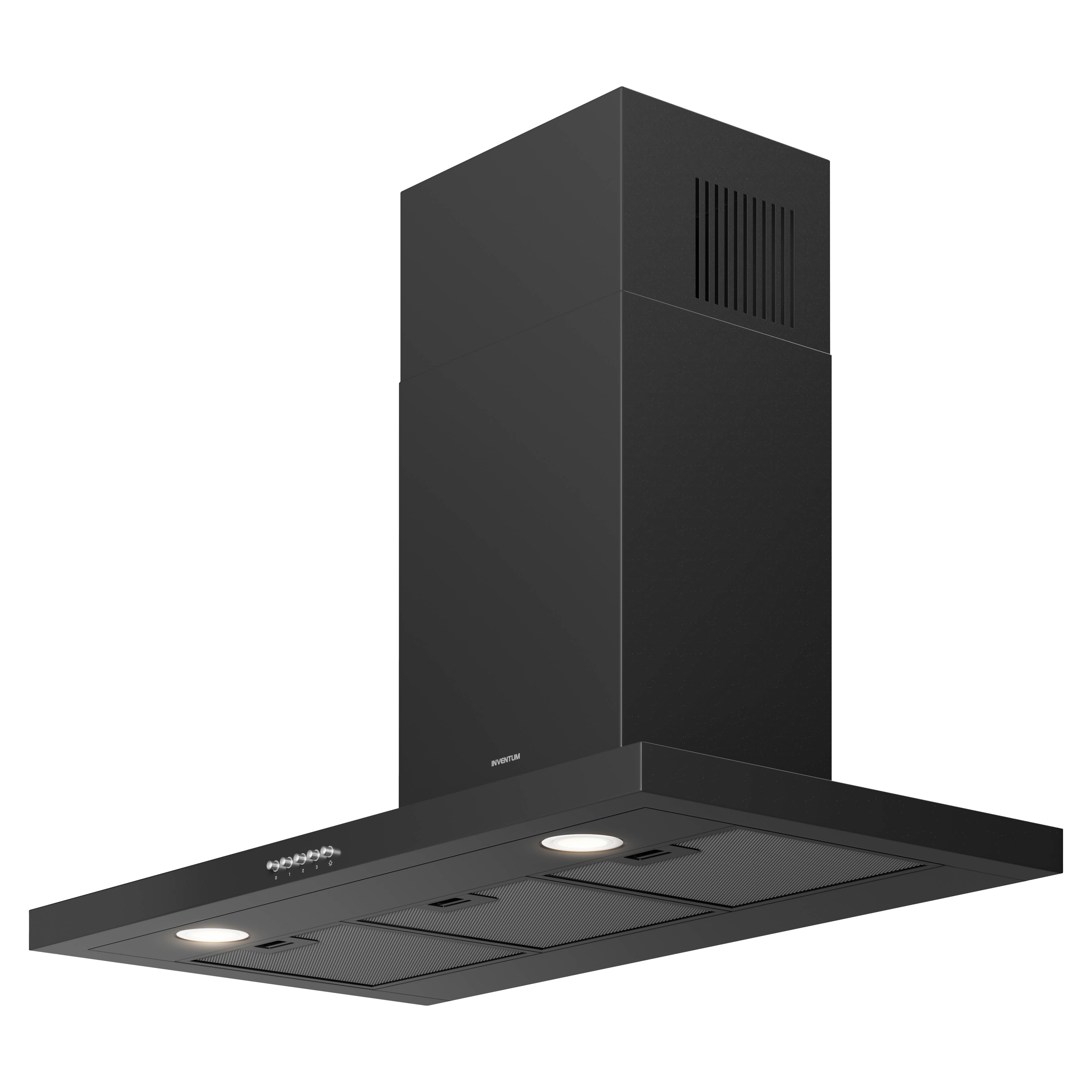 Zwarte afzuigkap met lampen. Het heeft een rechthoekige vorm, met een bedieningspaneel en merknaam.