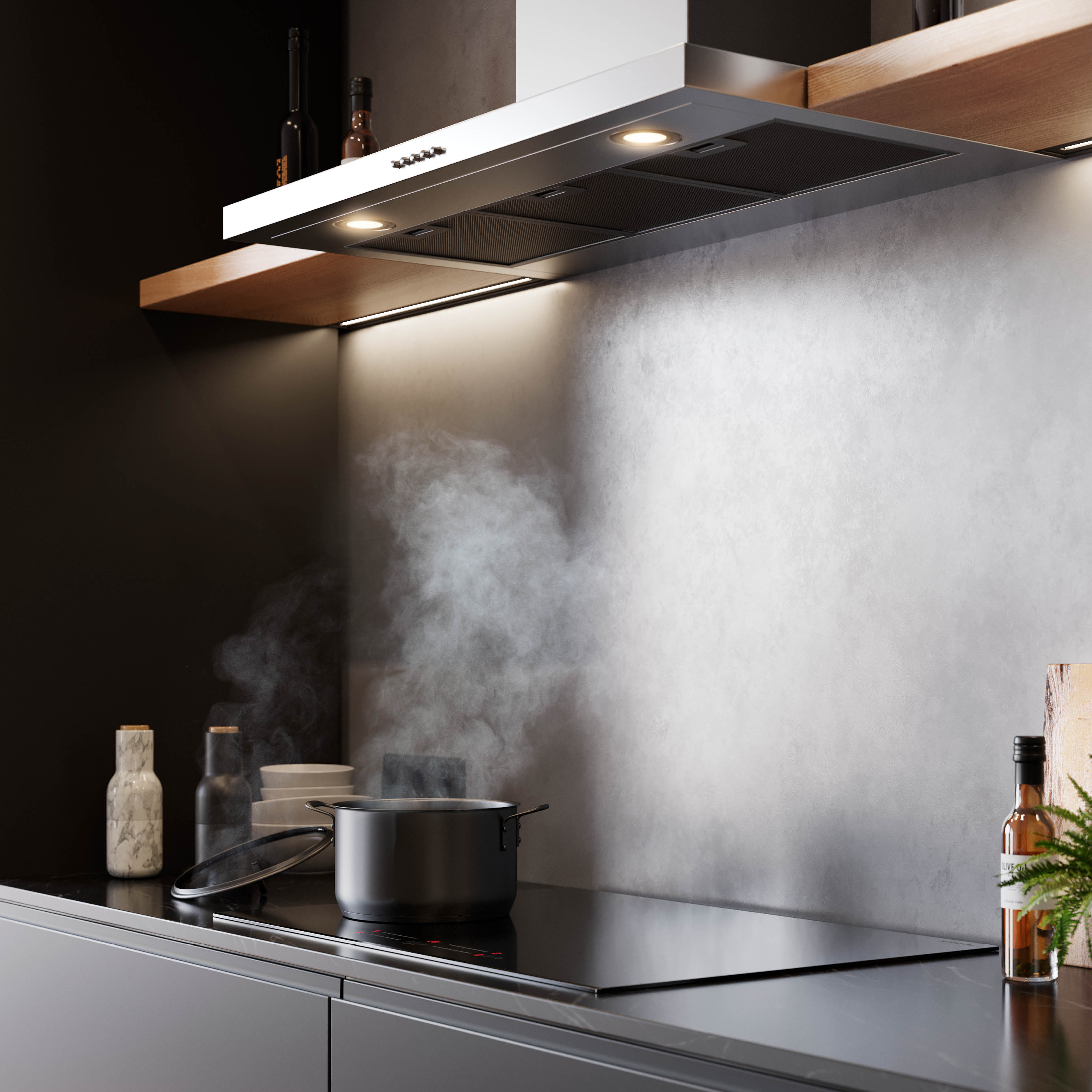 Kitchen scene with a pot steaming on the stove. Bottles and bowls are visible on the counter. A range hood is above.