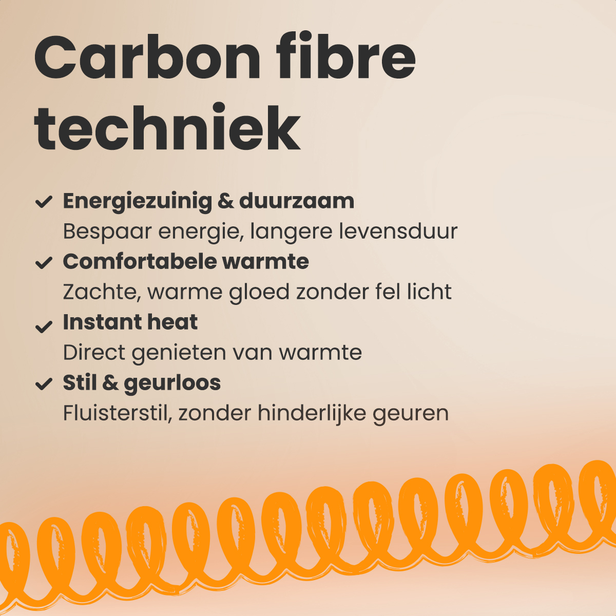 Tekst op beige achtergrond: Carbon fibre techniek, voordelen opgesomd met vinkjes. Een oranje wervelontwerp staat onderaan.