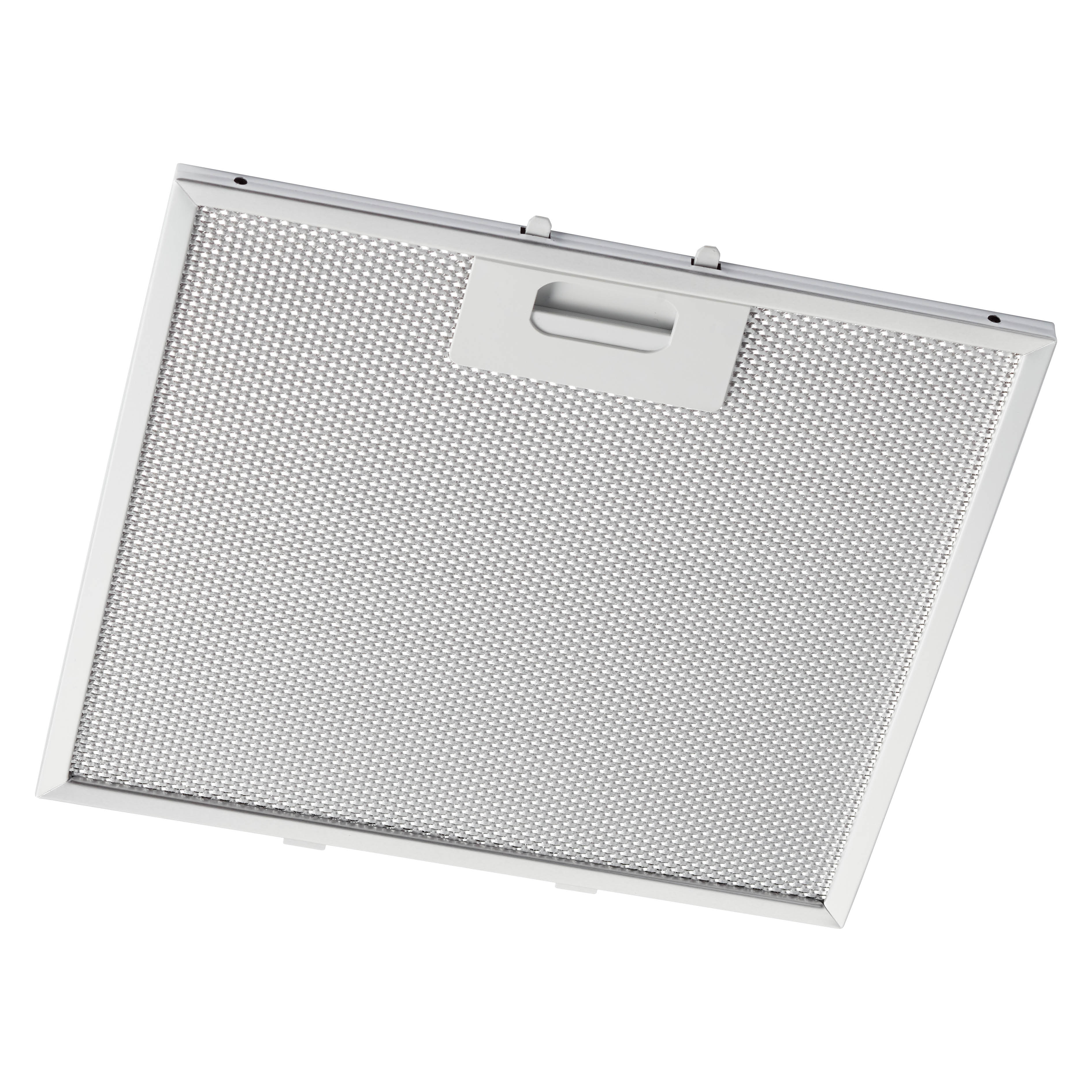 Een rechthoekig metalen filter met een geperforeerd oppervlak. Het heeft een handvat en een wit frame. Geïsoleerd op wit.
