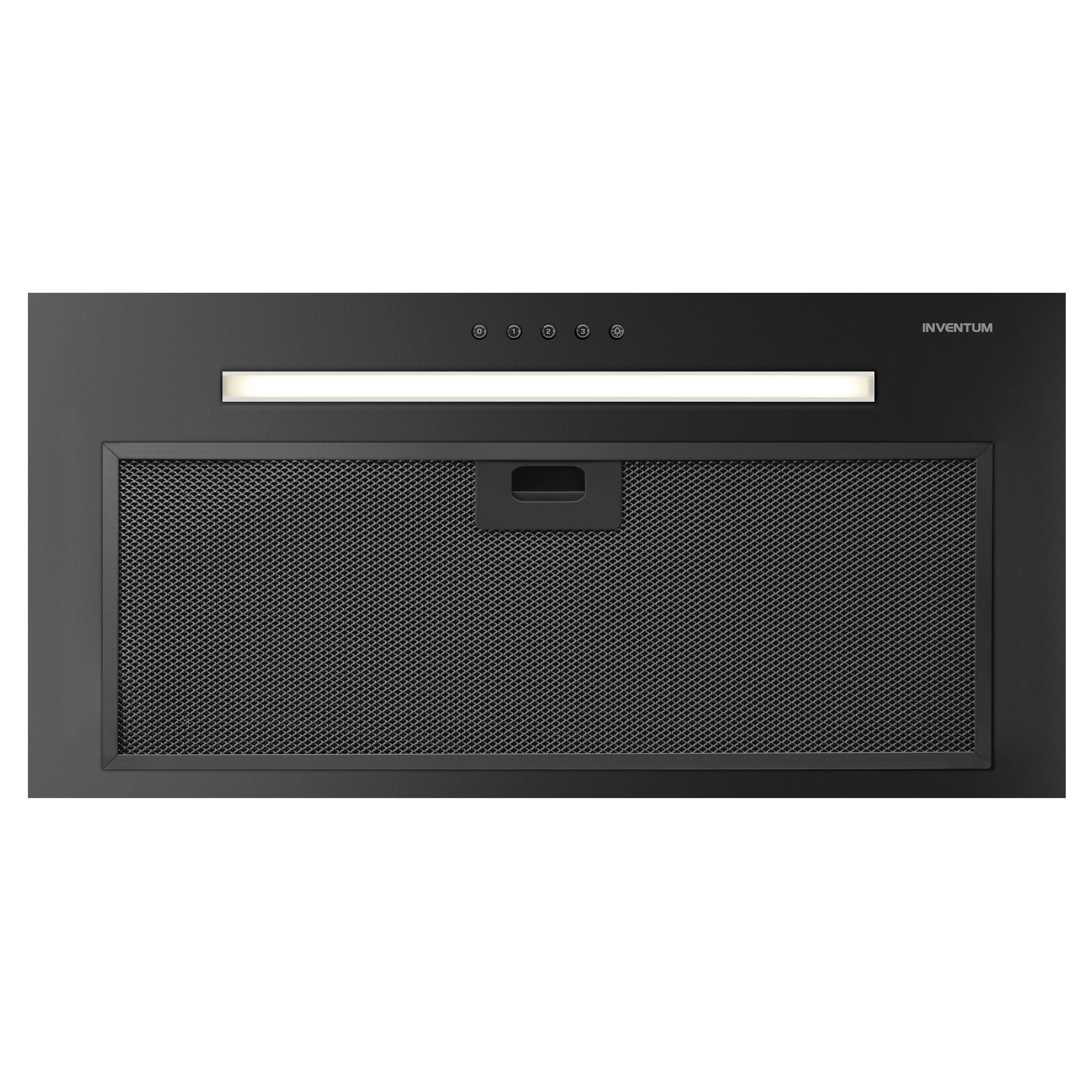 Black range hood with a mesh filter and lights. It has control buttons and the brand name 'Inventum'.