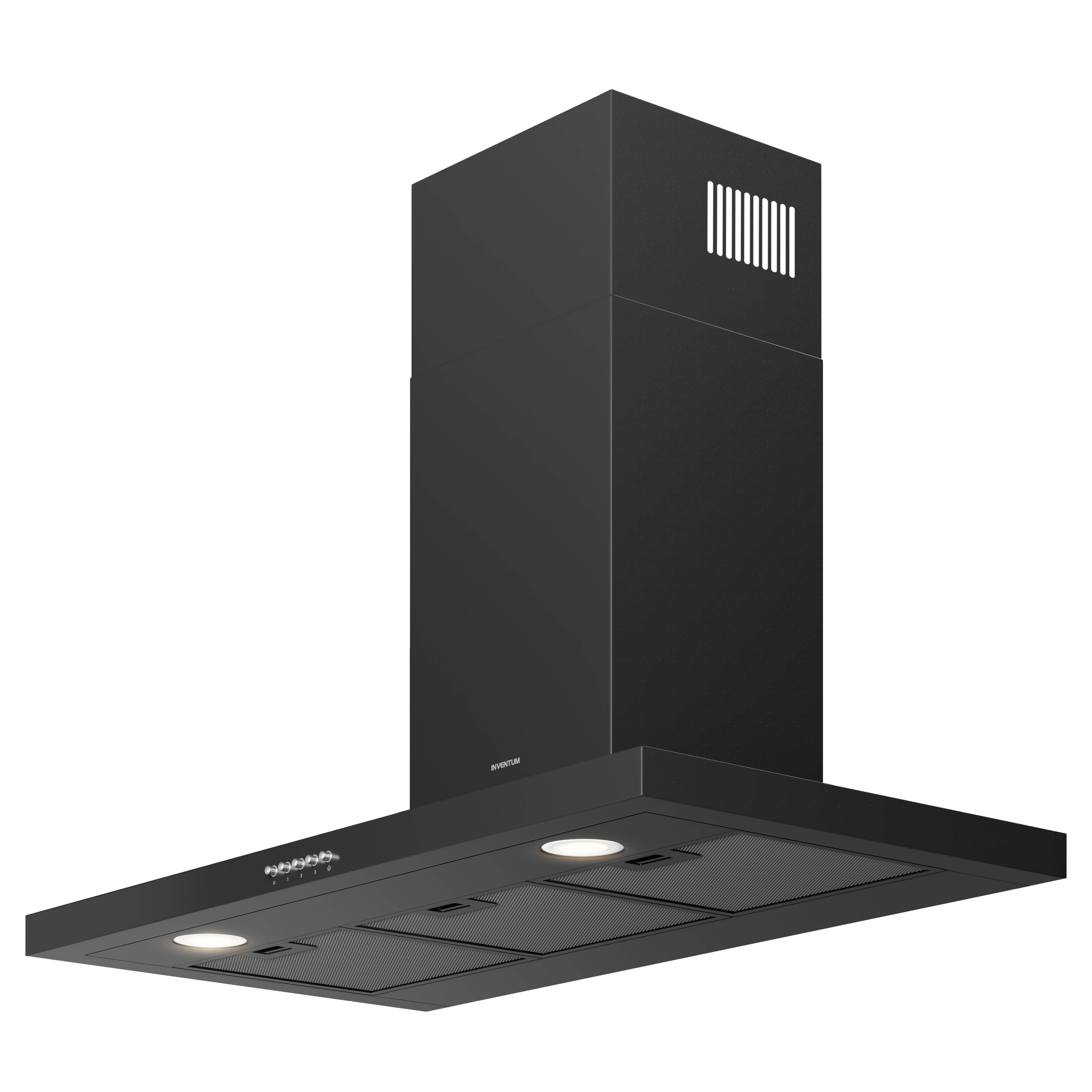 A black kitchen hood. It has lights and controls. The background is plain white.