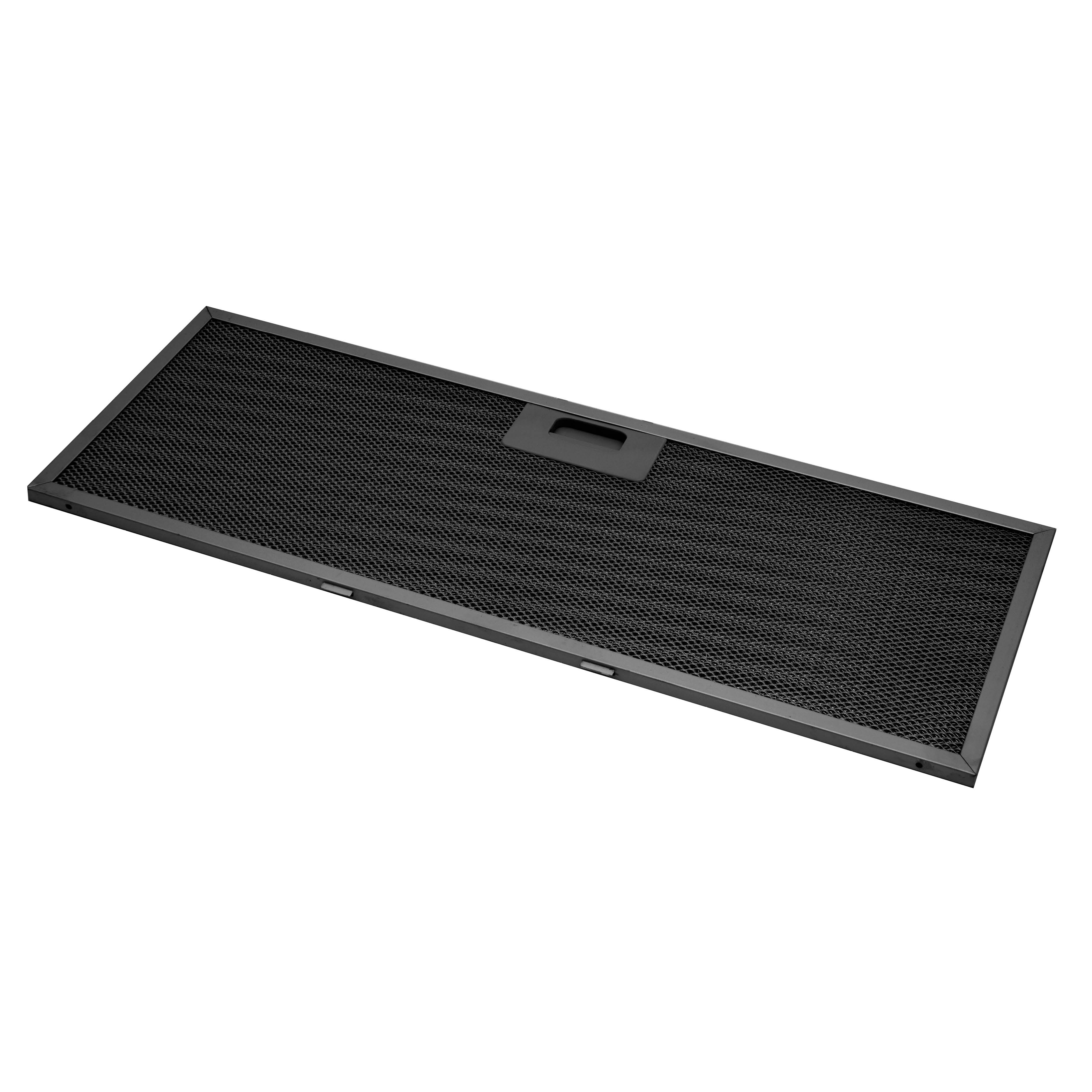 A black rectangular vent filter with a mesh pattern, a handle, and a dark metal frame, isolated on white.