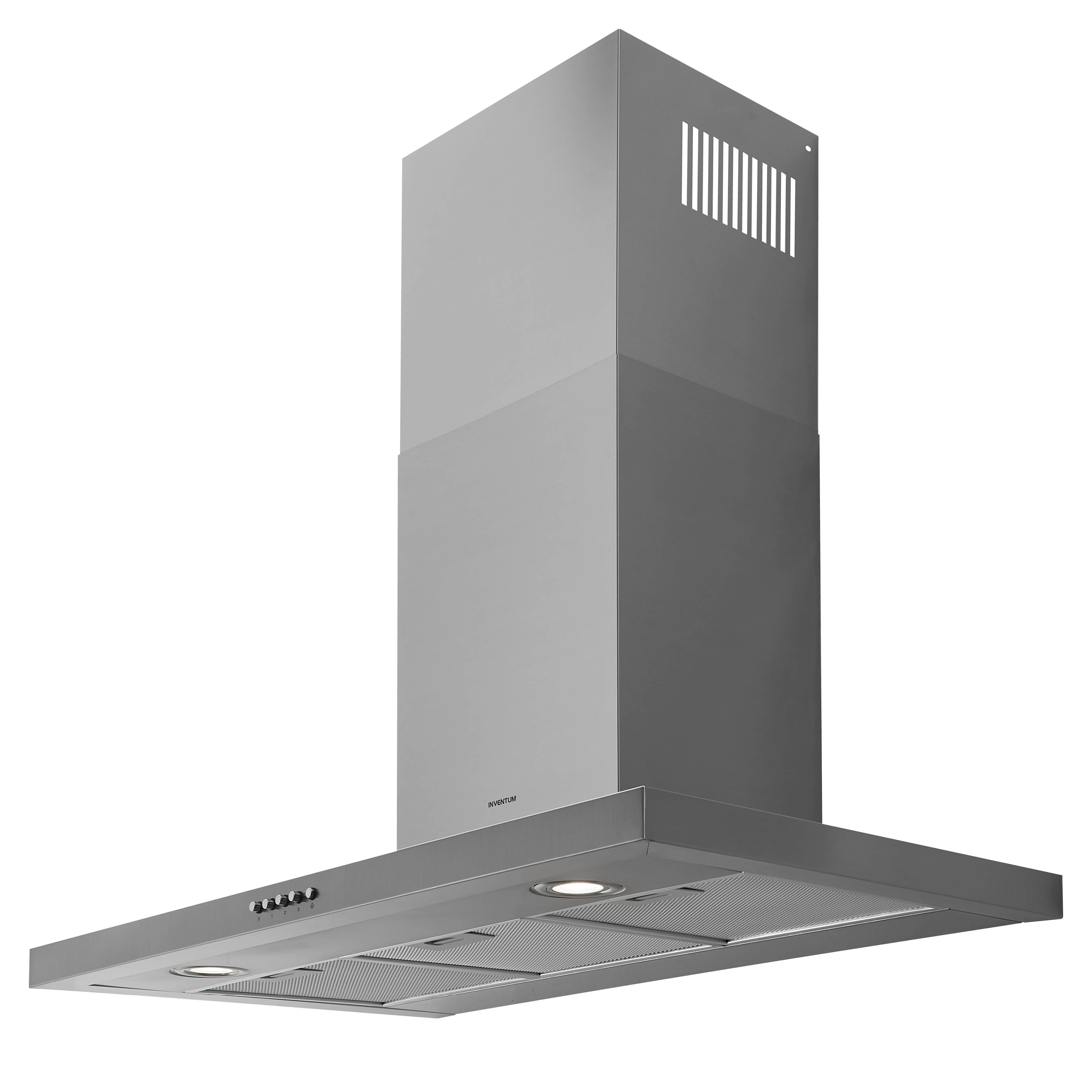 A stainless steel range hood with a rectangular chimney and a control panel with knobs and lights.