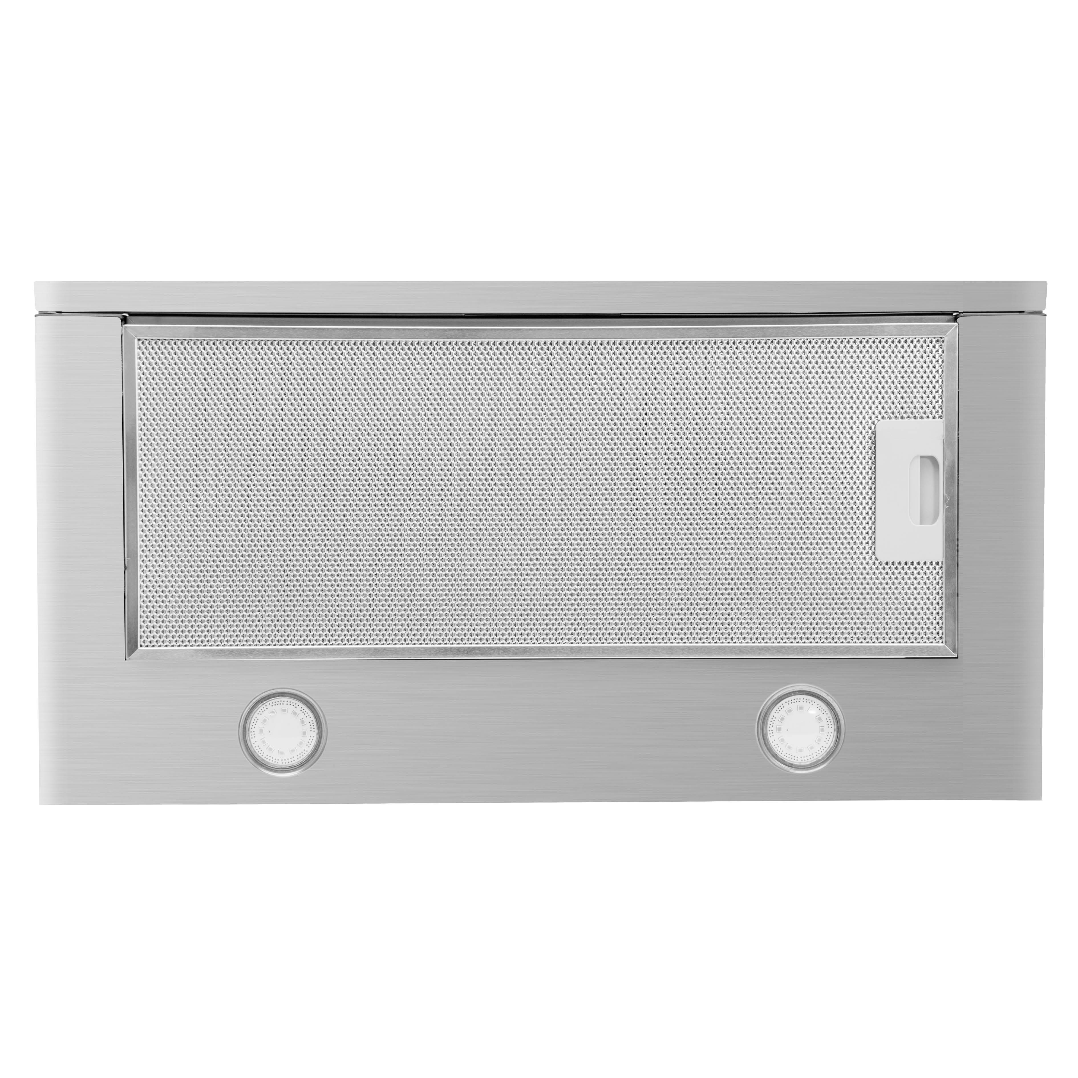 RVS afzuigkap met een gaasfilter en twee ronde bedieningsknoppen. Witte achtergrond.
