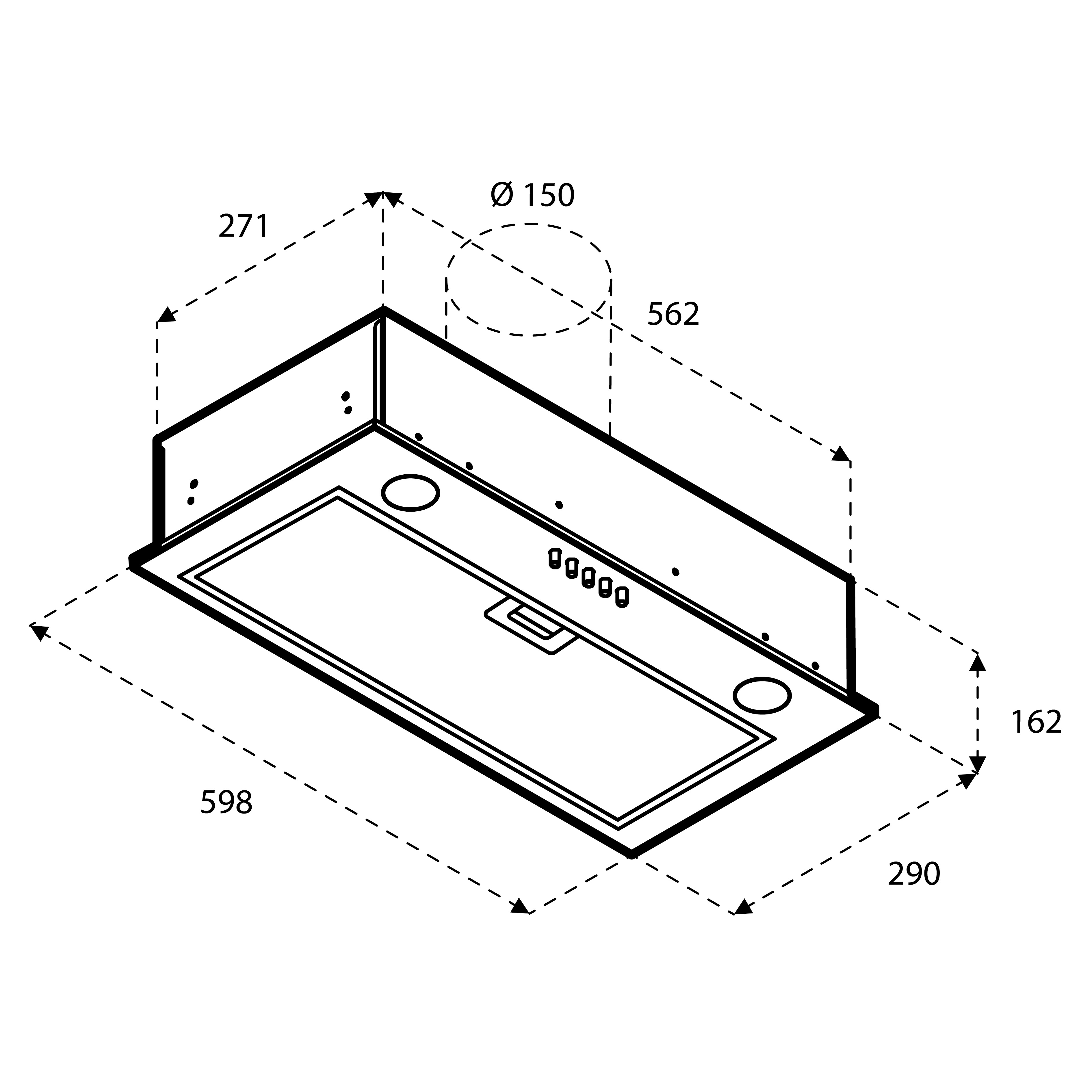 A technical drawing of a kitchen hood with dimensions. It is black and white with dashed lines and numbers indicating size.