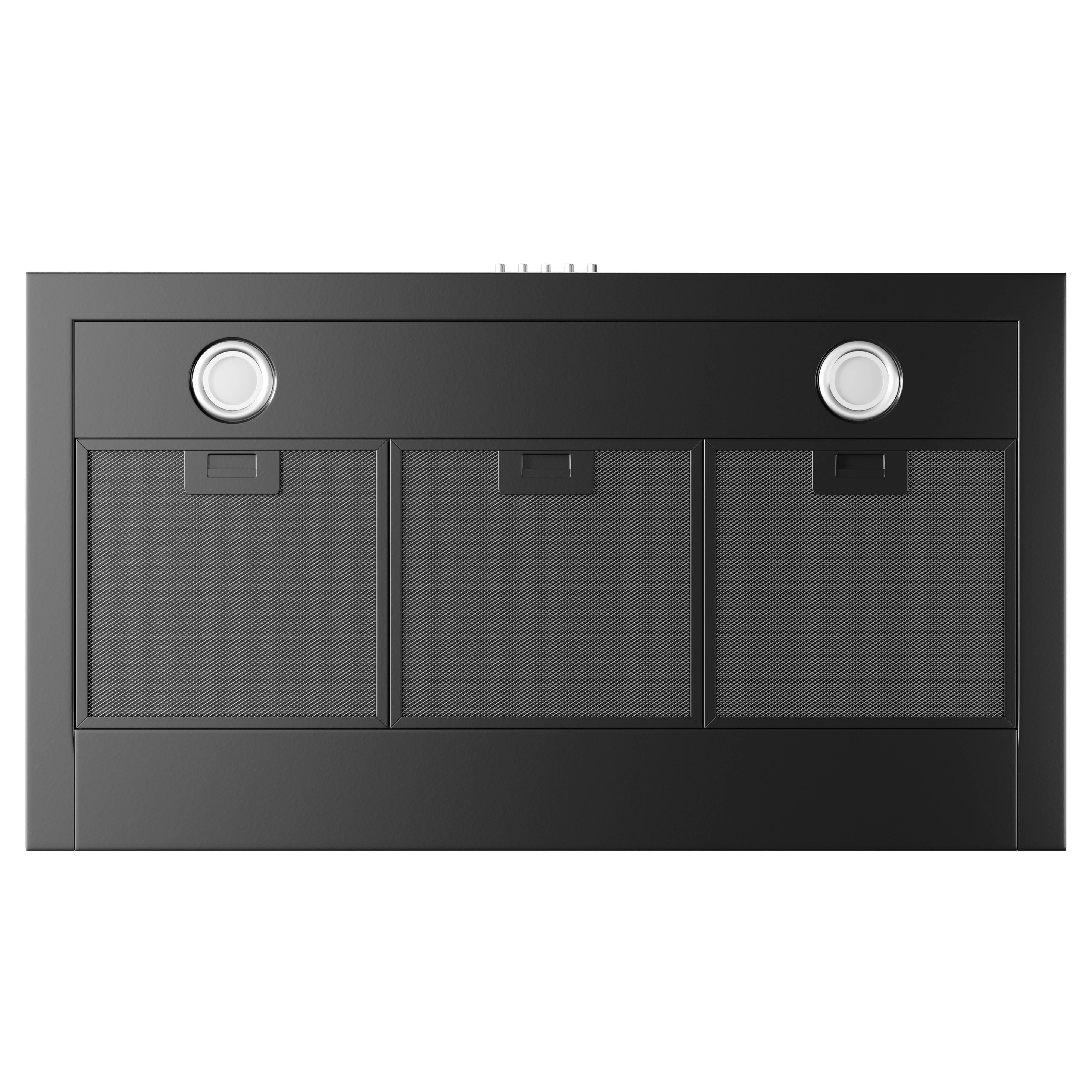Black range hood with three mesh filters, two lights, and a rectangular design.