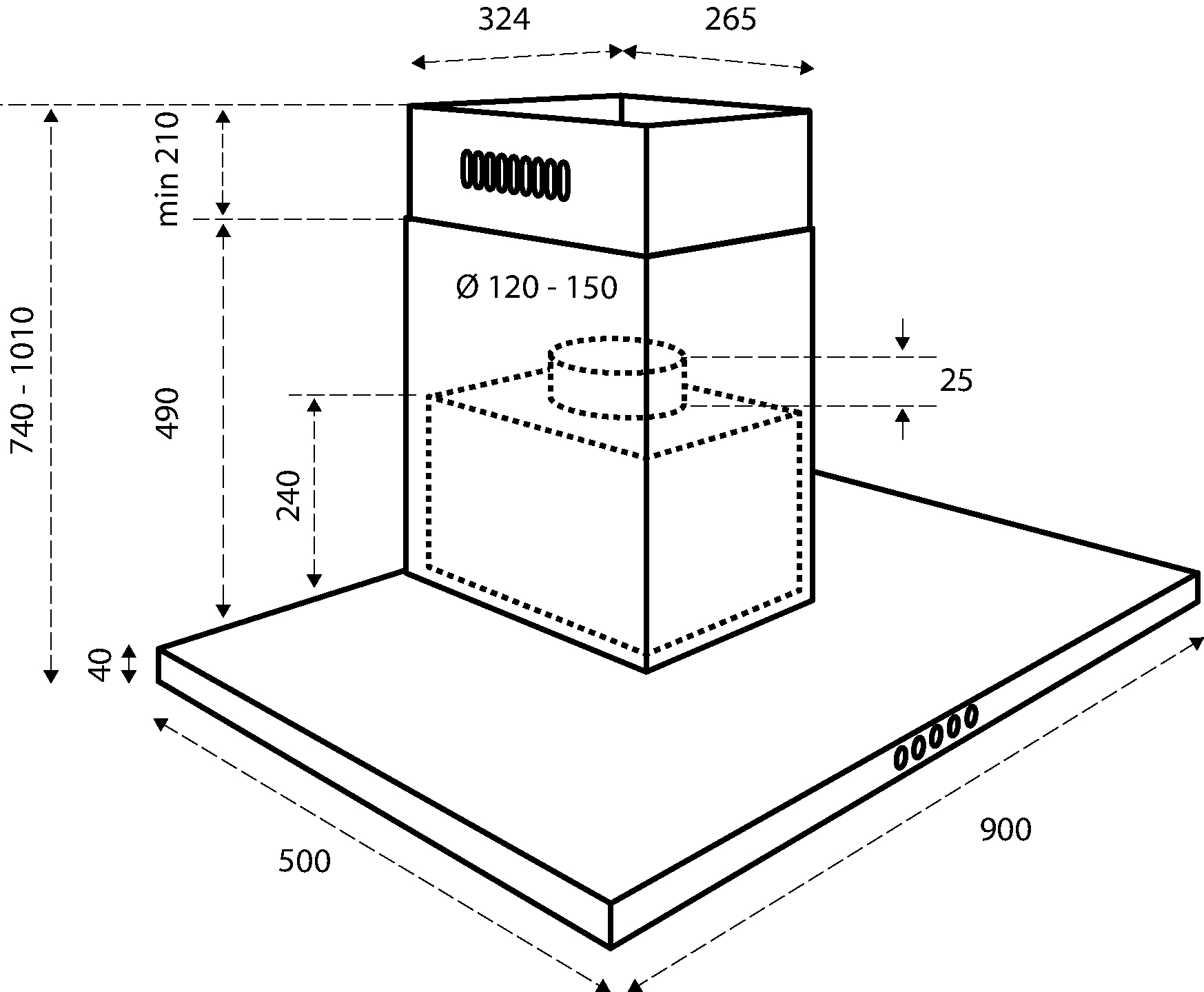 Diagram van een afzuigkap met afmetingen. Het heeft een rechthoekige basis, een verticaal lichaam en een bovenste gedeelte met metingen.