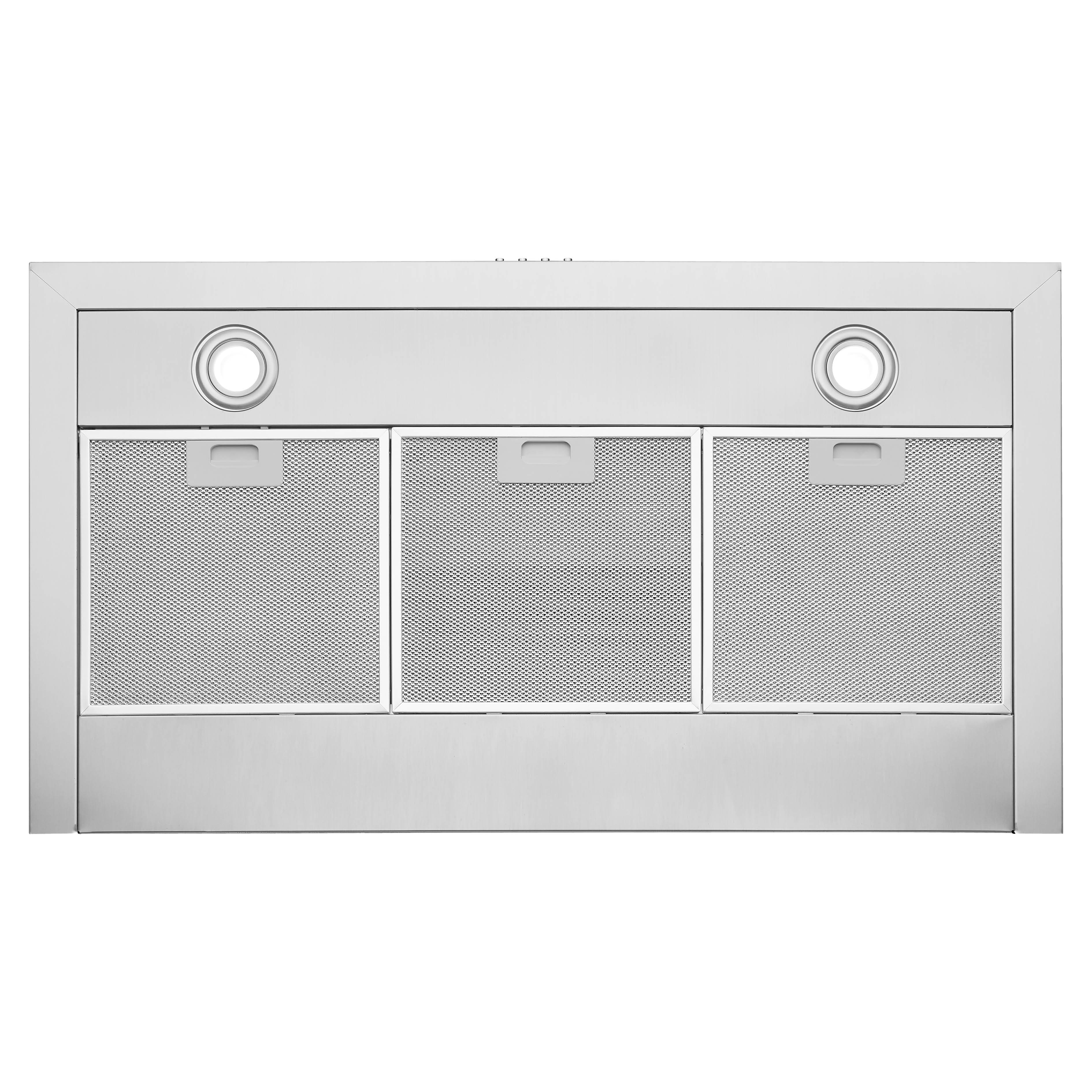 A stainless steel range hood with two lights and three mesh filters is centered against a white background.