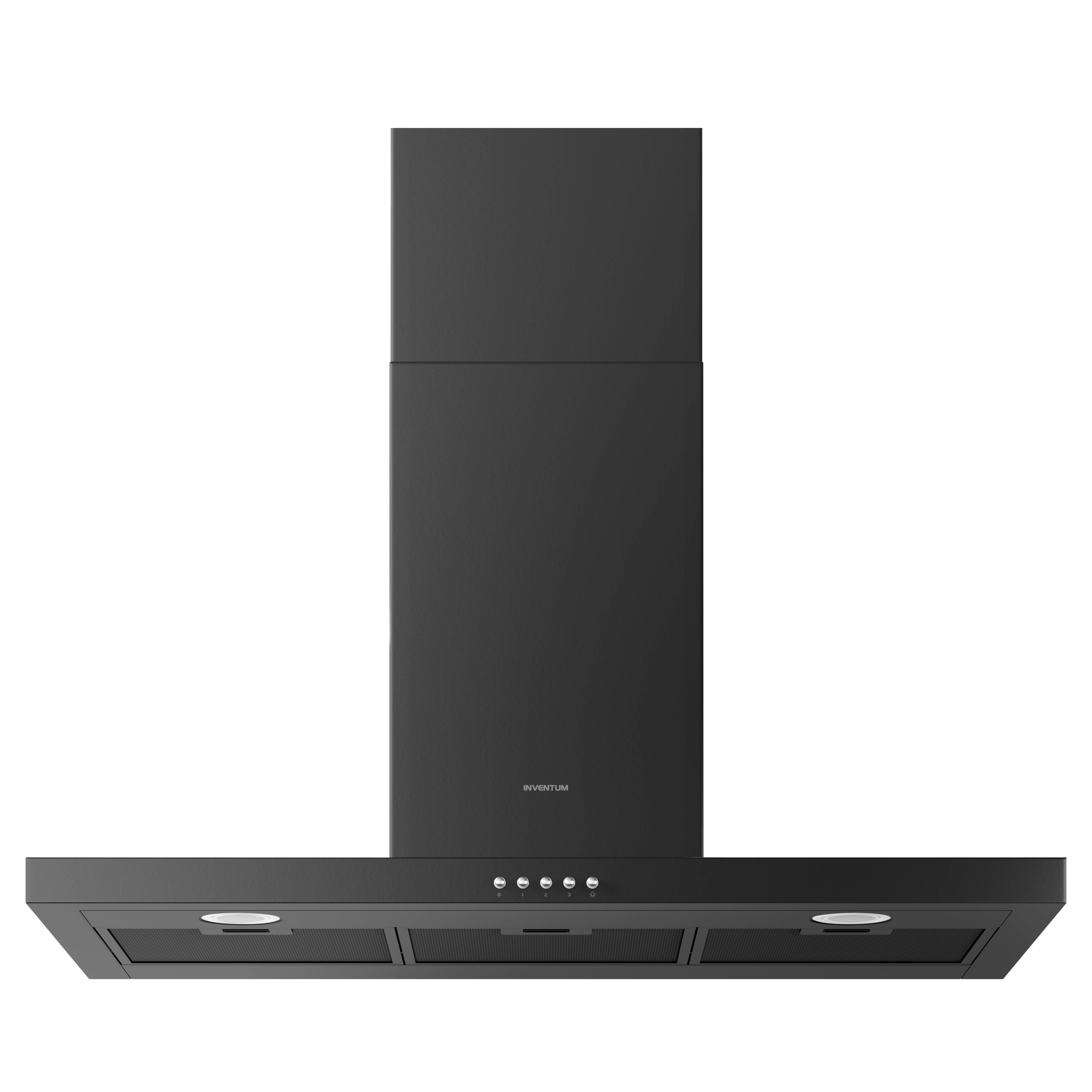 A black range hood is on a white background. It has a rectangular shape with lights and buttons.