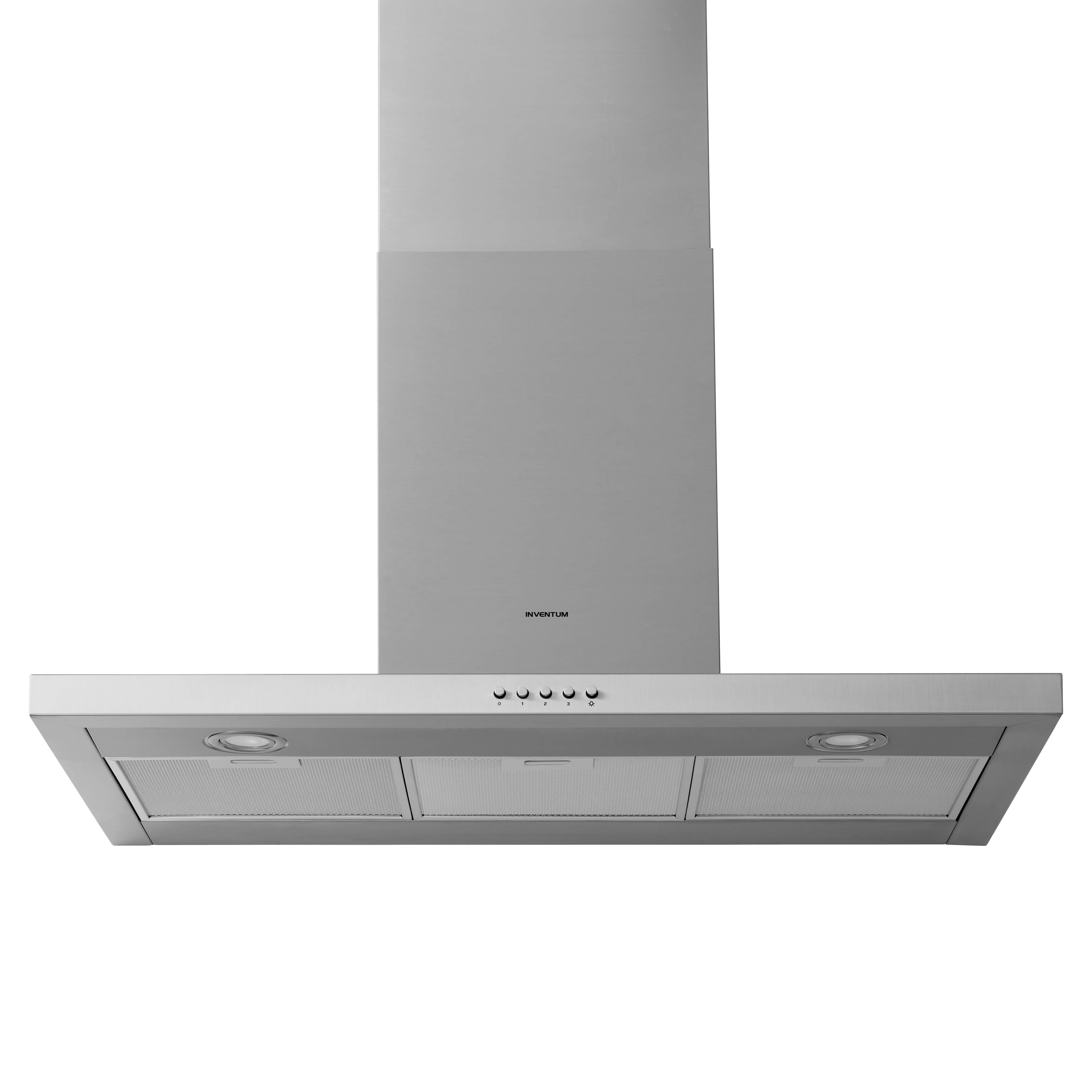 A stainless steel range hood. It has a rectangular shape with lights, buttons, and a filter. The background is white.