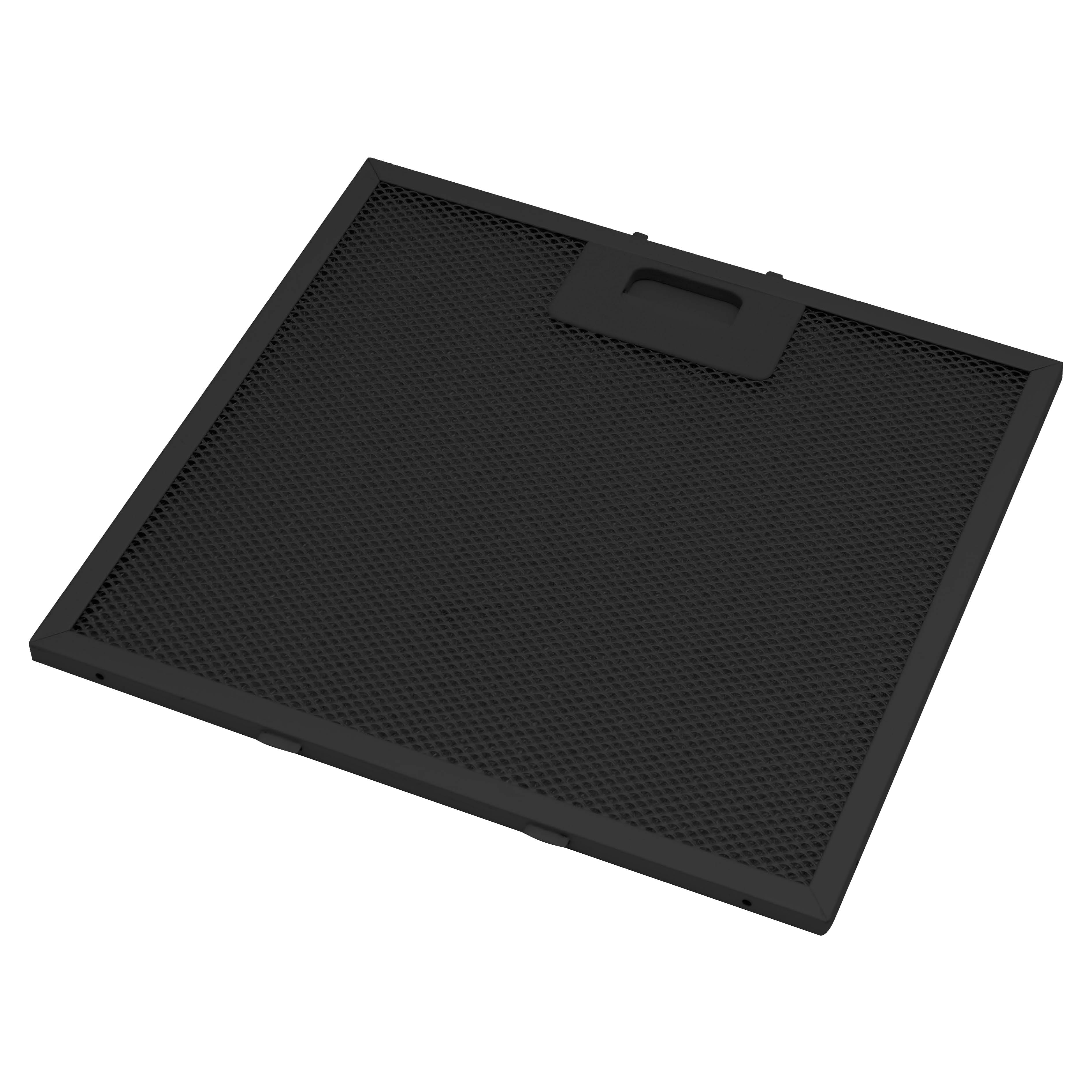 Een zwart metalen filter met een gaaspatroon en een handvat, tegen een witte achtergrond. Rechthoekig.
