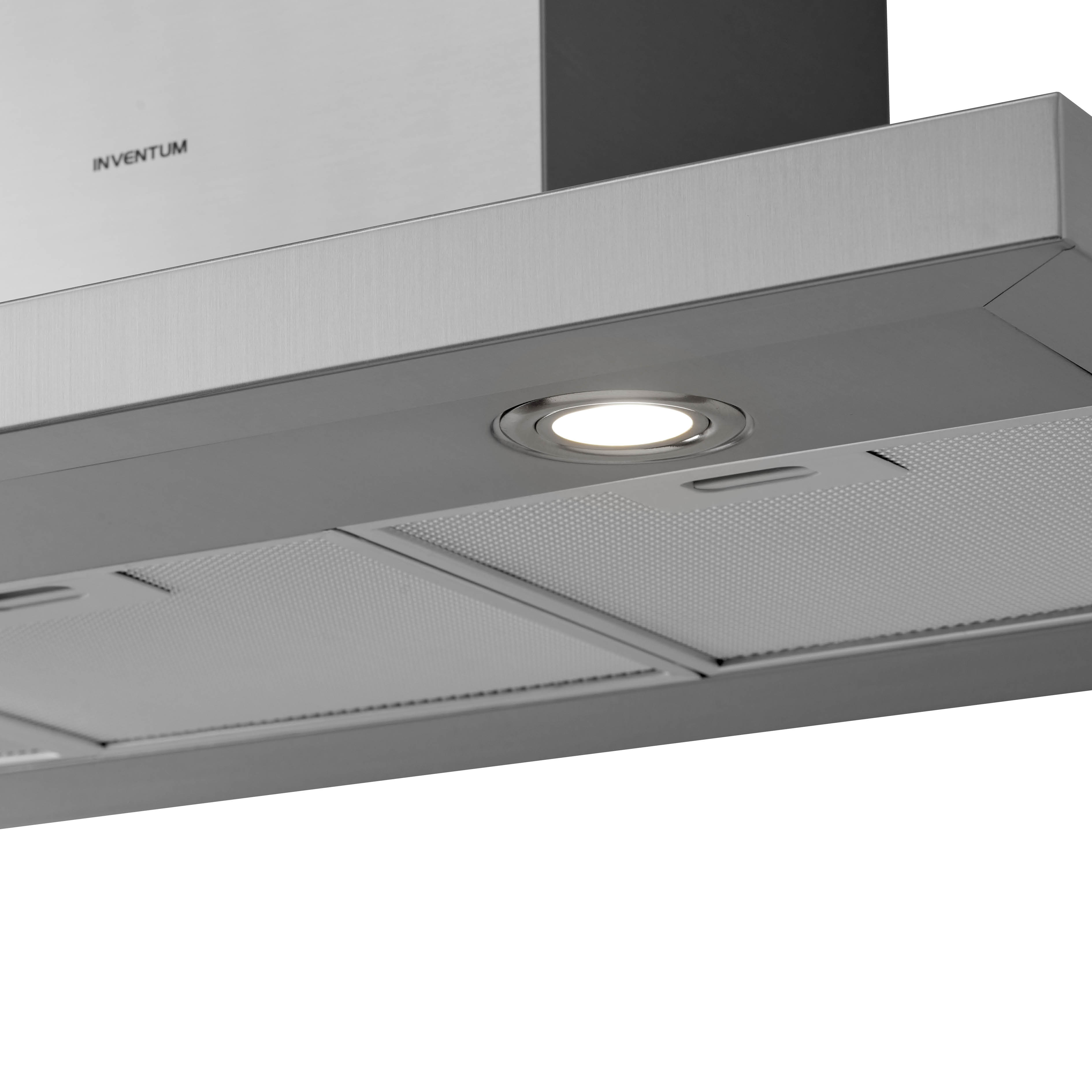 A stainless steel range hood with a light and mesh filters. The brand name 'INVENTUM' is visible.