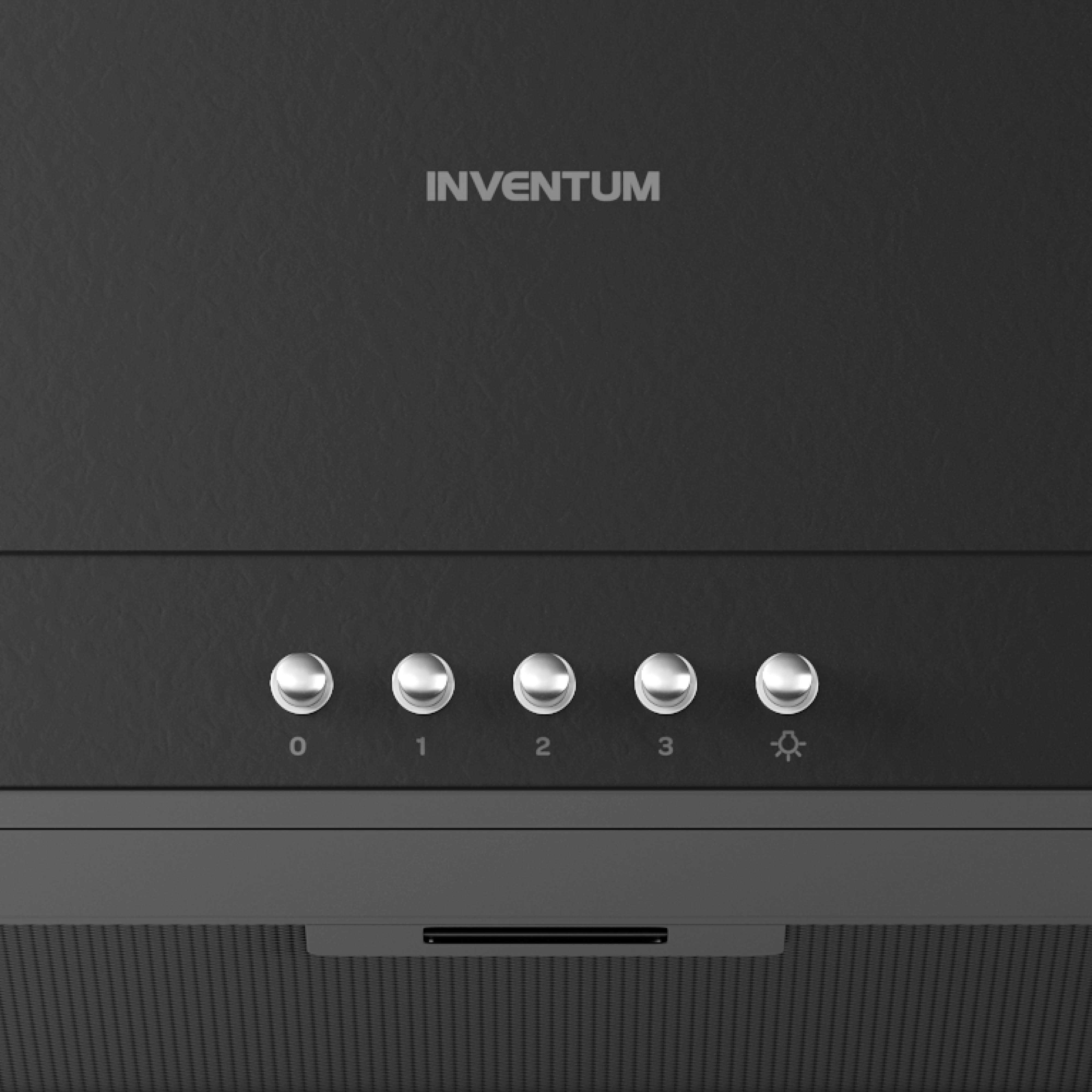 A black range hood with the brand name INVENTUM. It has five silver buttons and a mesh filter.