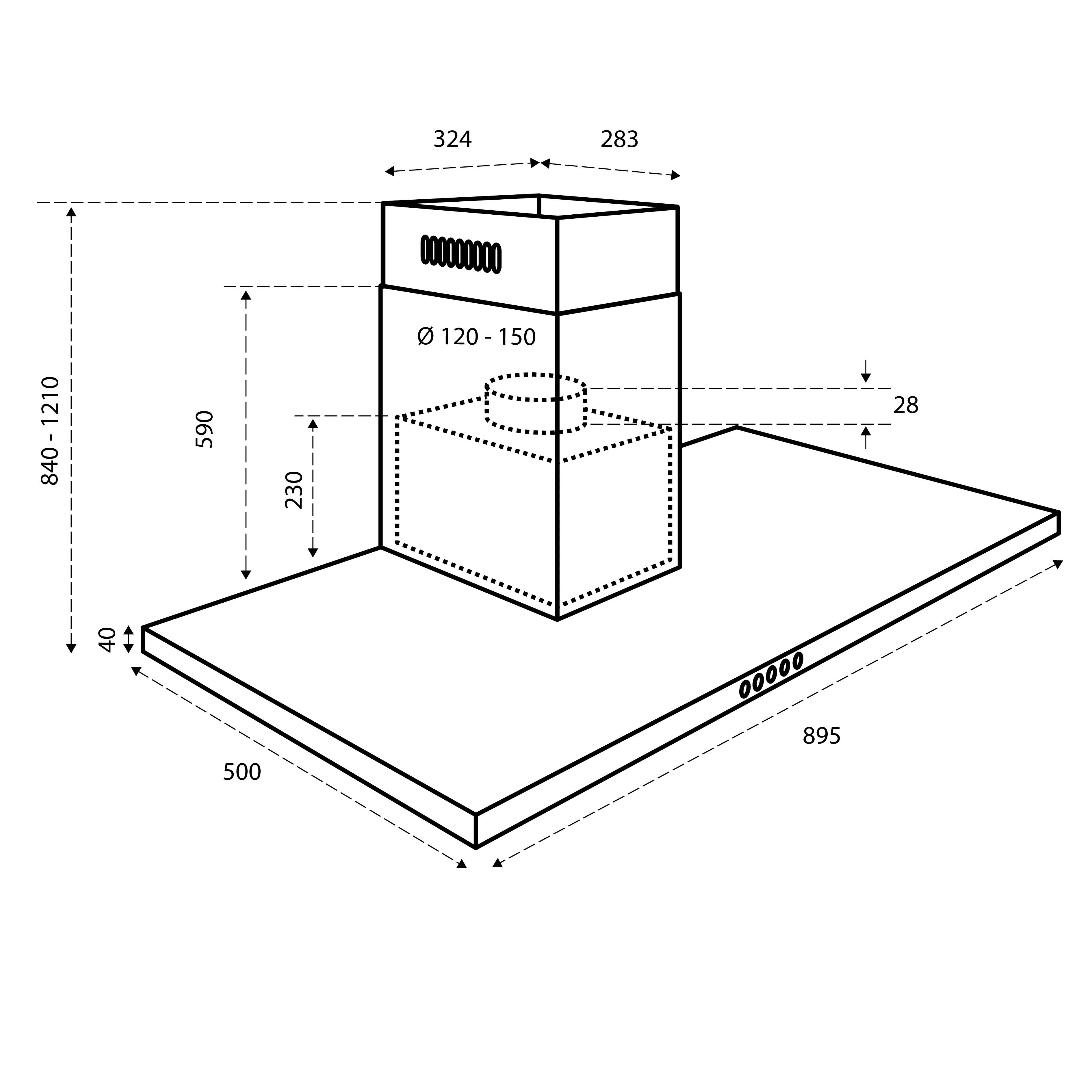 Technical drawing of a range hood, showing dimensions and labeled parts in black lines on a white background.