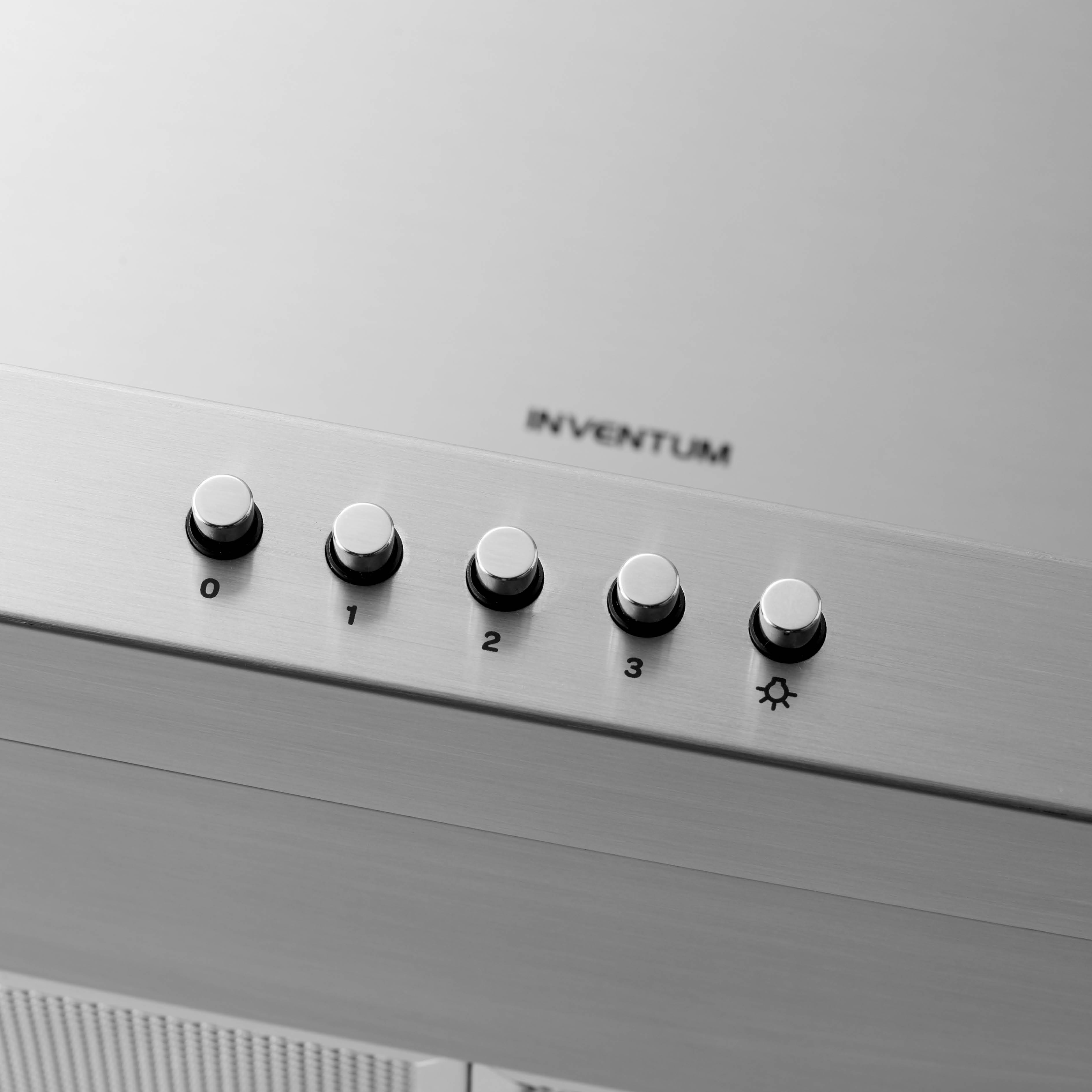 A stainless steel range hood with five control buttons numbered 0-3 and a light symbol, with the brand name INVENTUM.