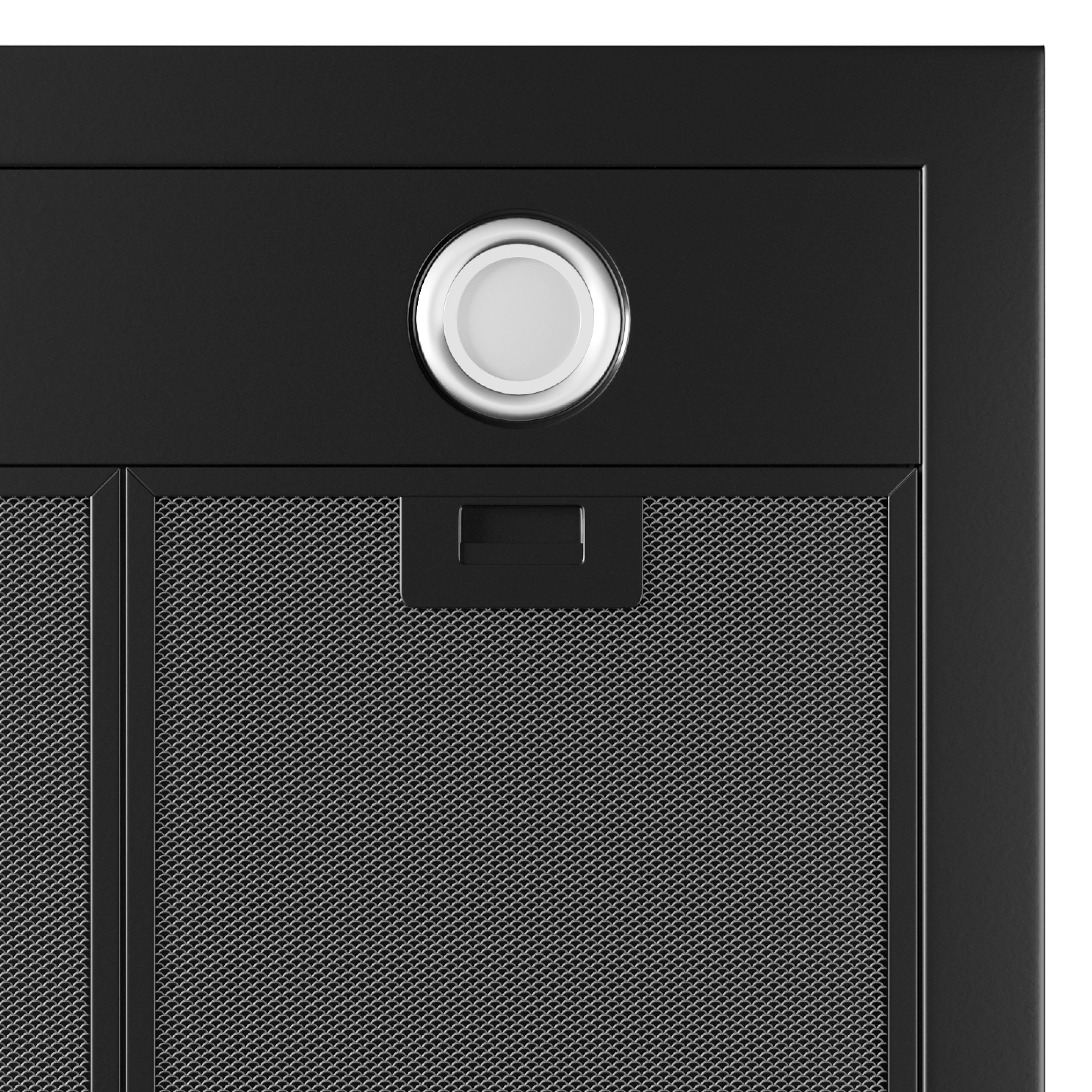 Close-up of a black range hood. It features a light, a filter, and a handle. The background is white.