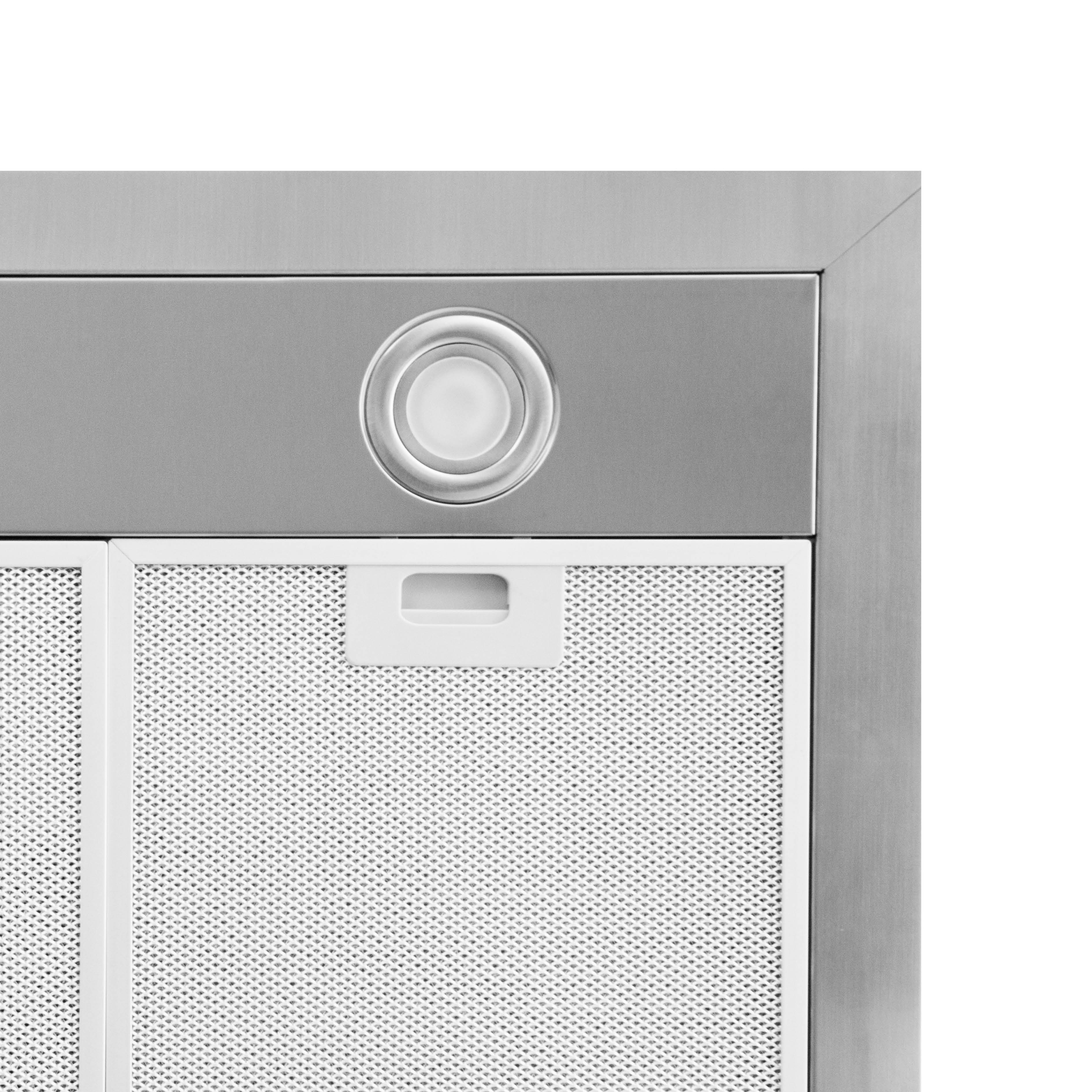 Close-up of a stainless steel range hood. It has a light, a handle, and a mesh filter.