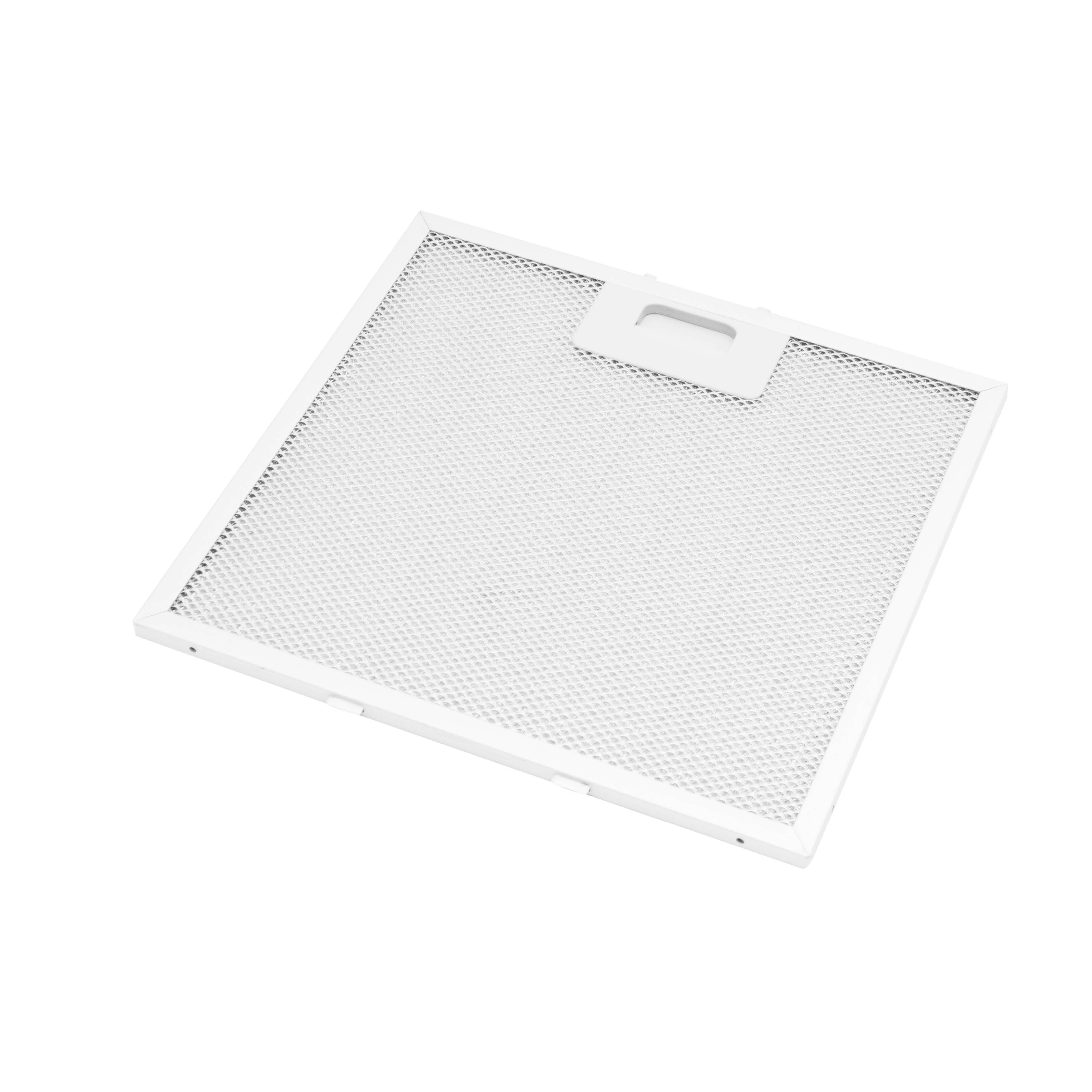 A white rectangular range hood filter with a handle, set against a white background. The filter has a mesh.