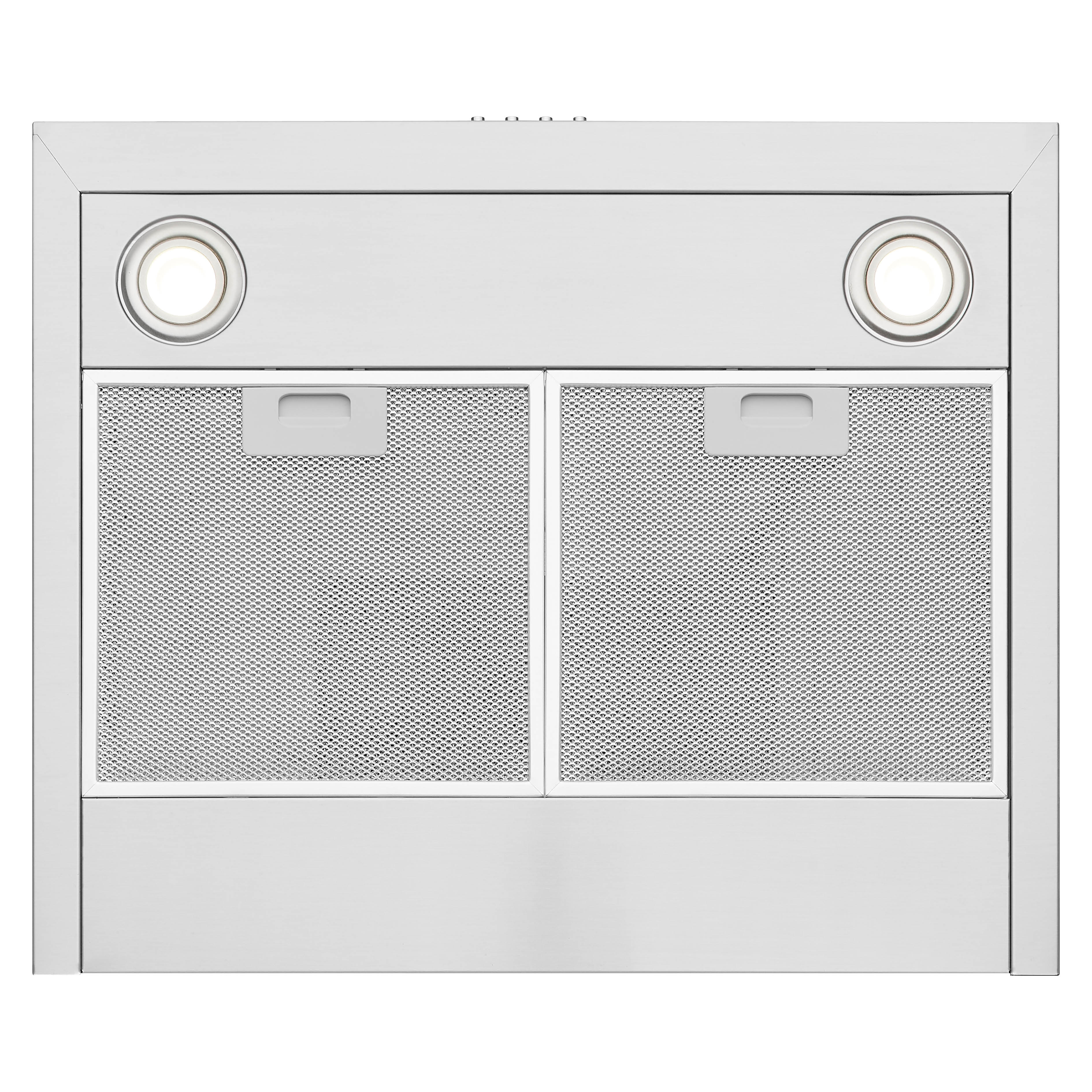 Een roestvrijstalen afzuigkap met twee lampen, twee gaasfilters en een witte achtergrond.