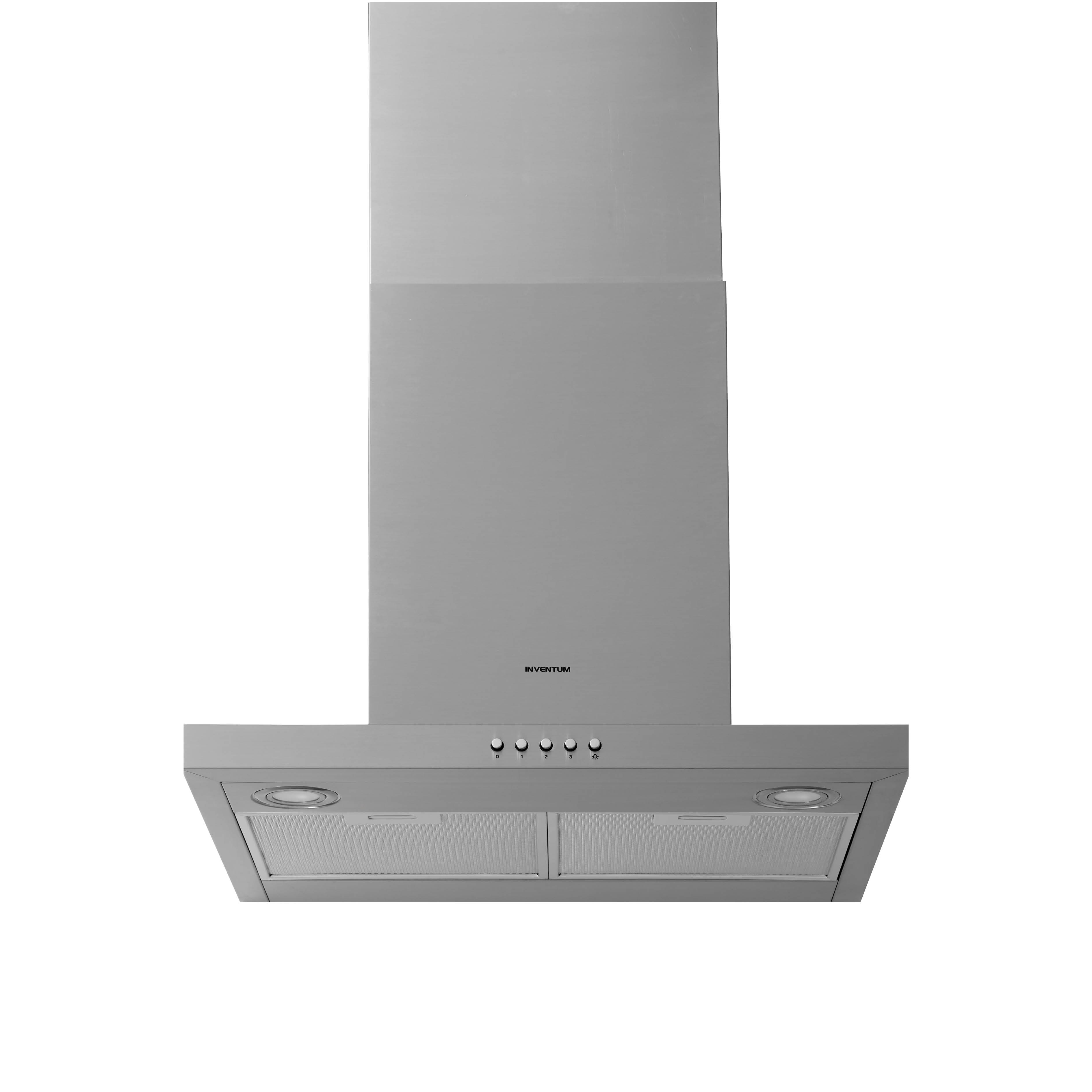 Een roestvrijstalen afzuigkap met de merknaam INVENTUM. Het heeft meerdere bedieningsknoppen en twee lampen.