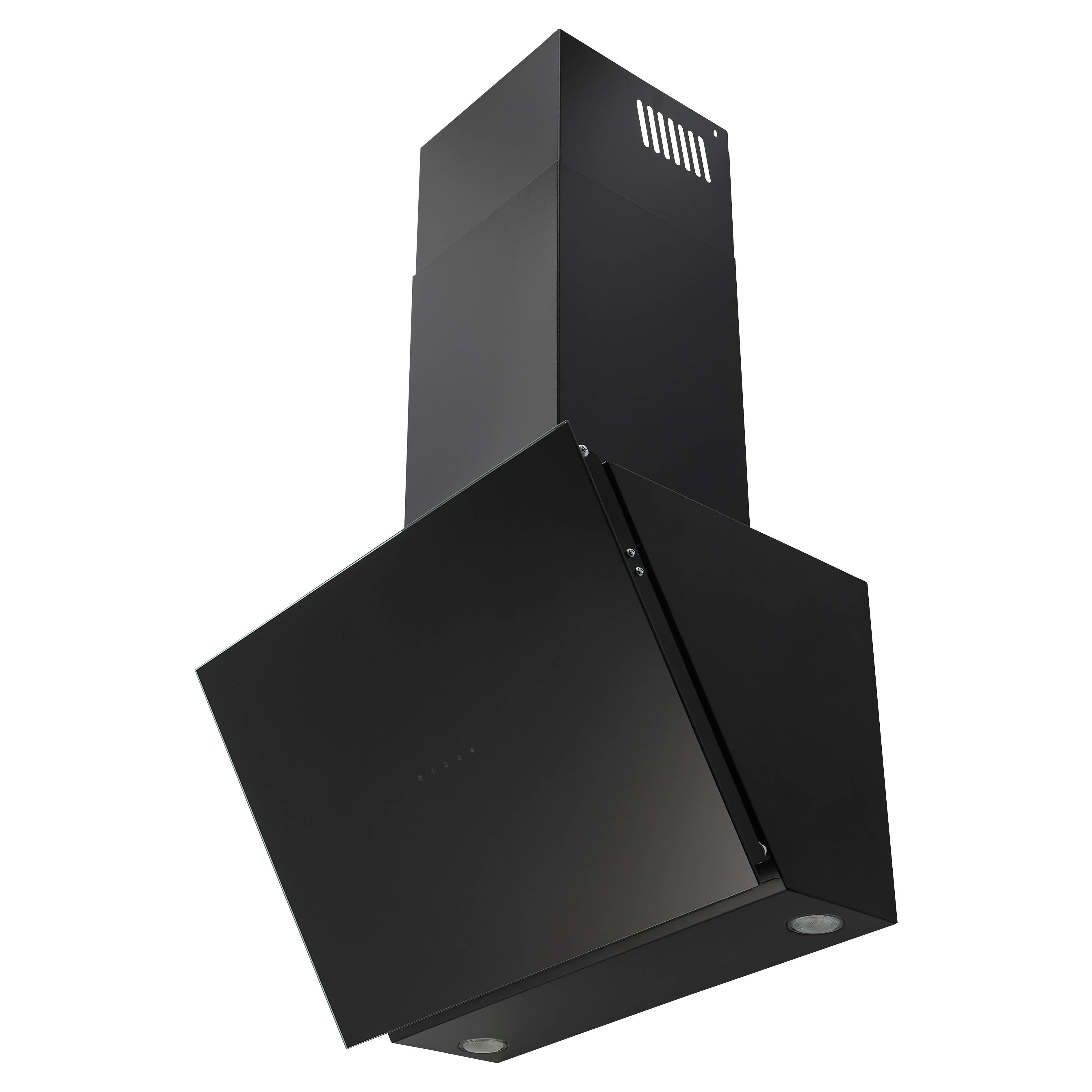 A black kitchen hood with a glass panel and lights. The hood is against a white background.
