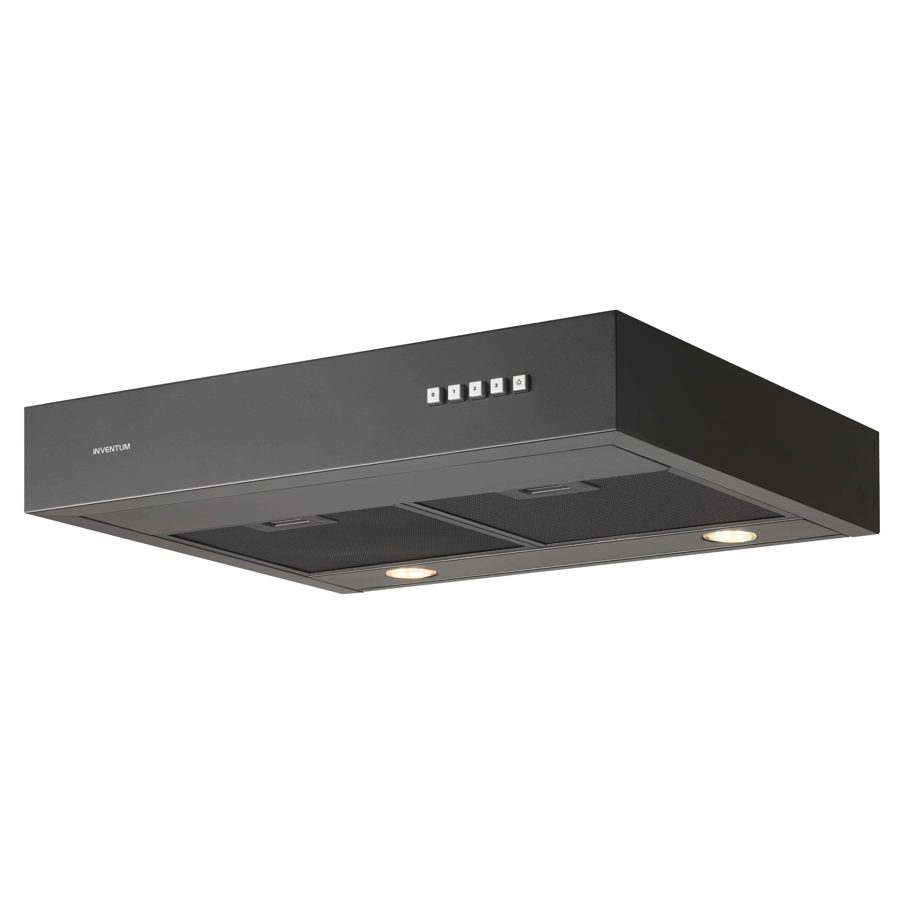 A black range hood with buttons and lights. It has the brand name Inventum on it.