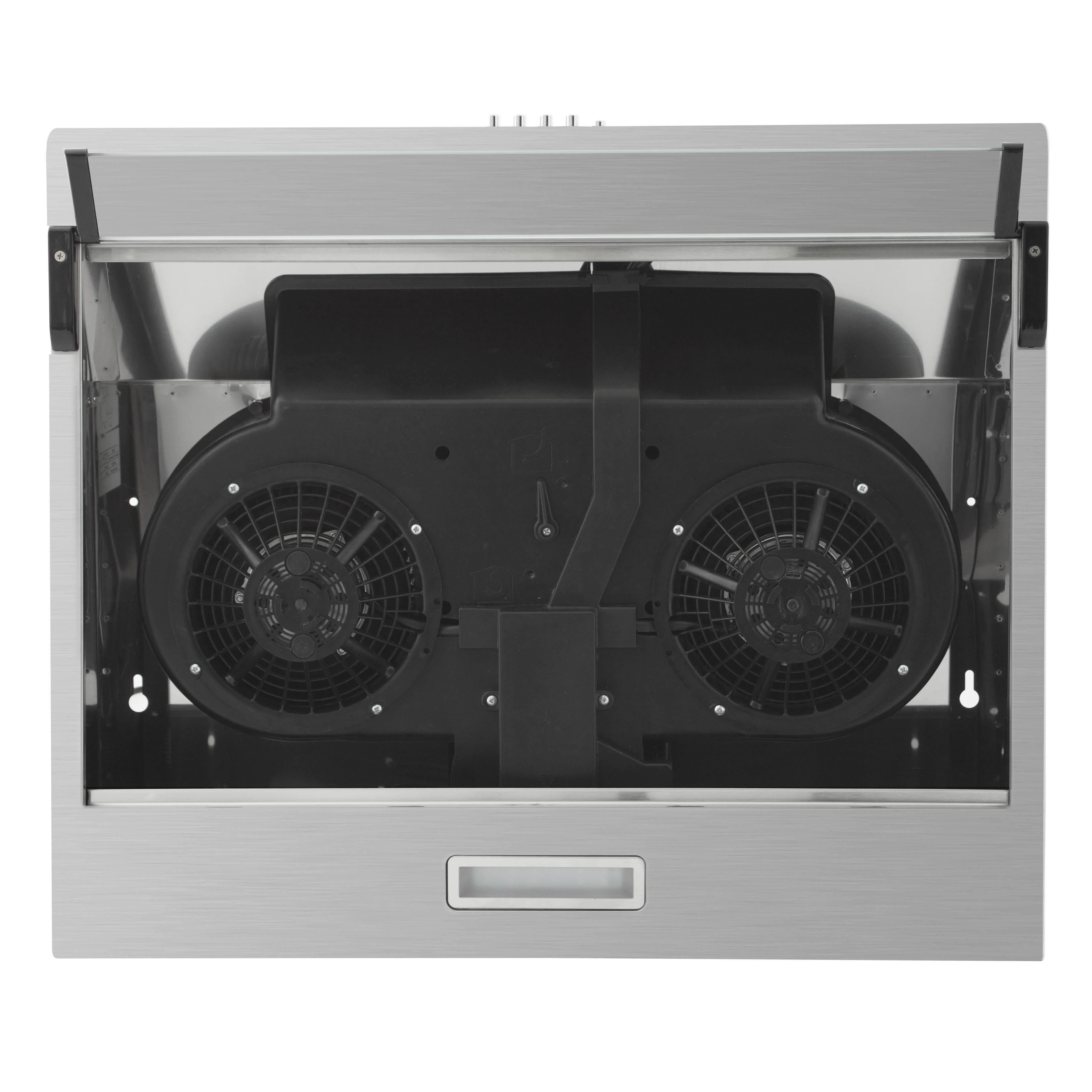 Interieur van een roestvrijstalen afzuigkap. Twee zwarte ventilatorbehuizingen met een rechthoekige lamp en metalen frame zichtbaar.