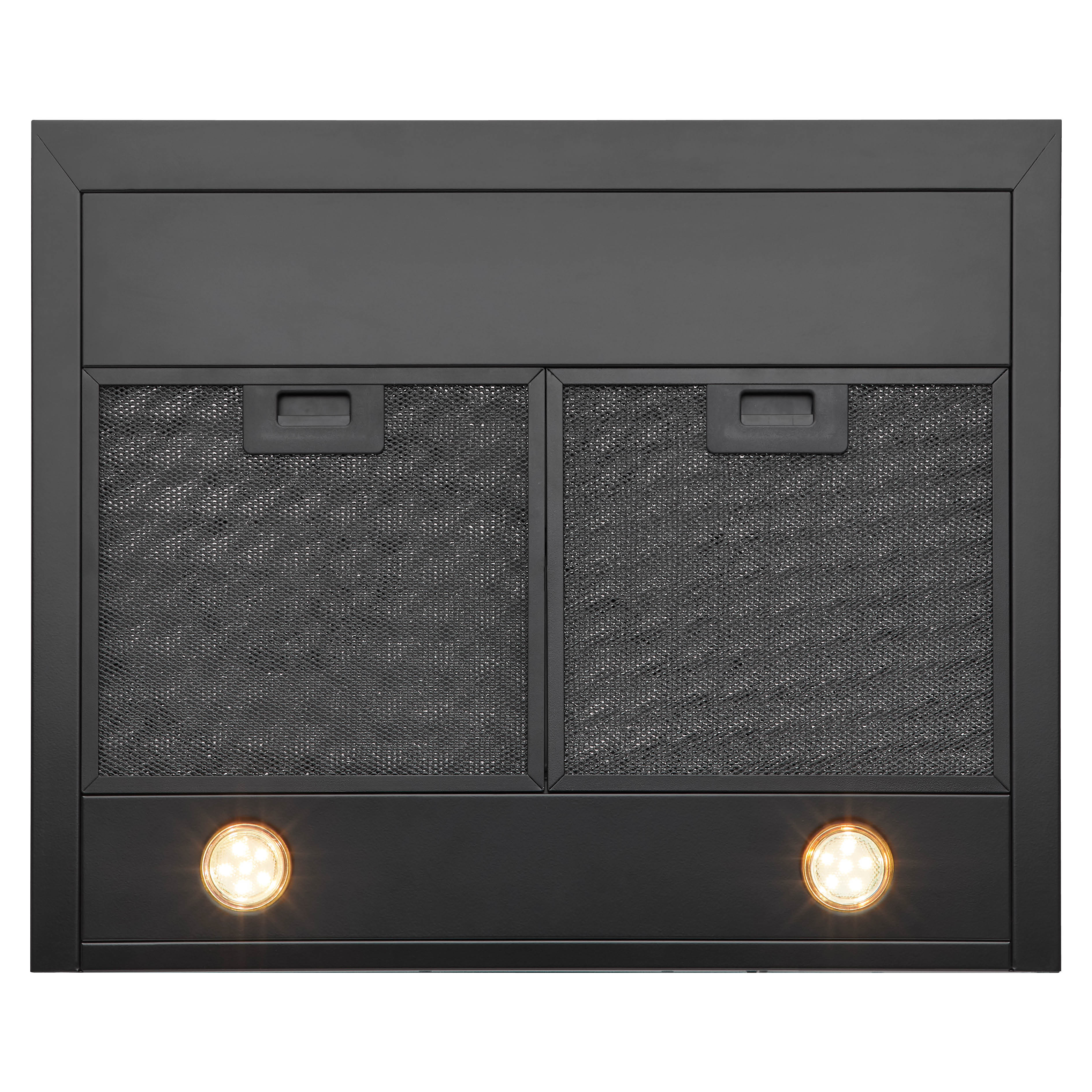 Black range hood with two mesh filters, two lights at the bottom, and a black frame.