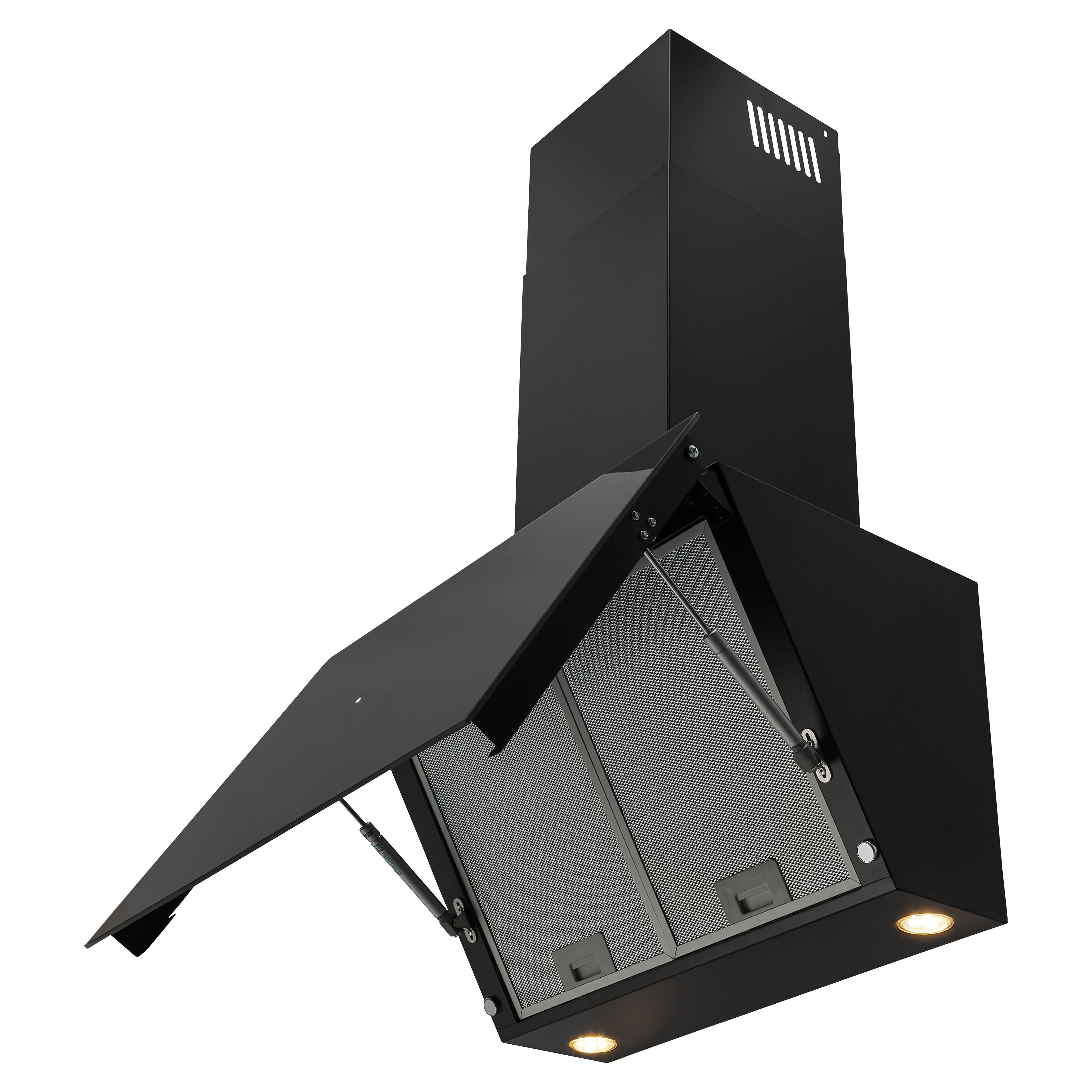 Black range hood with an open panel revealing a mesh filter. It has two lights and a vent at the top.
