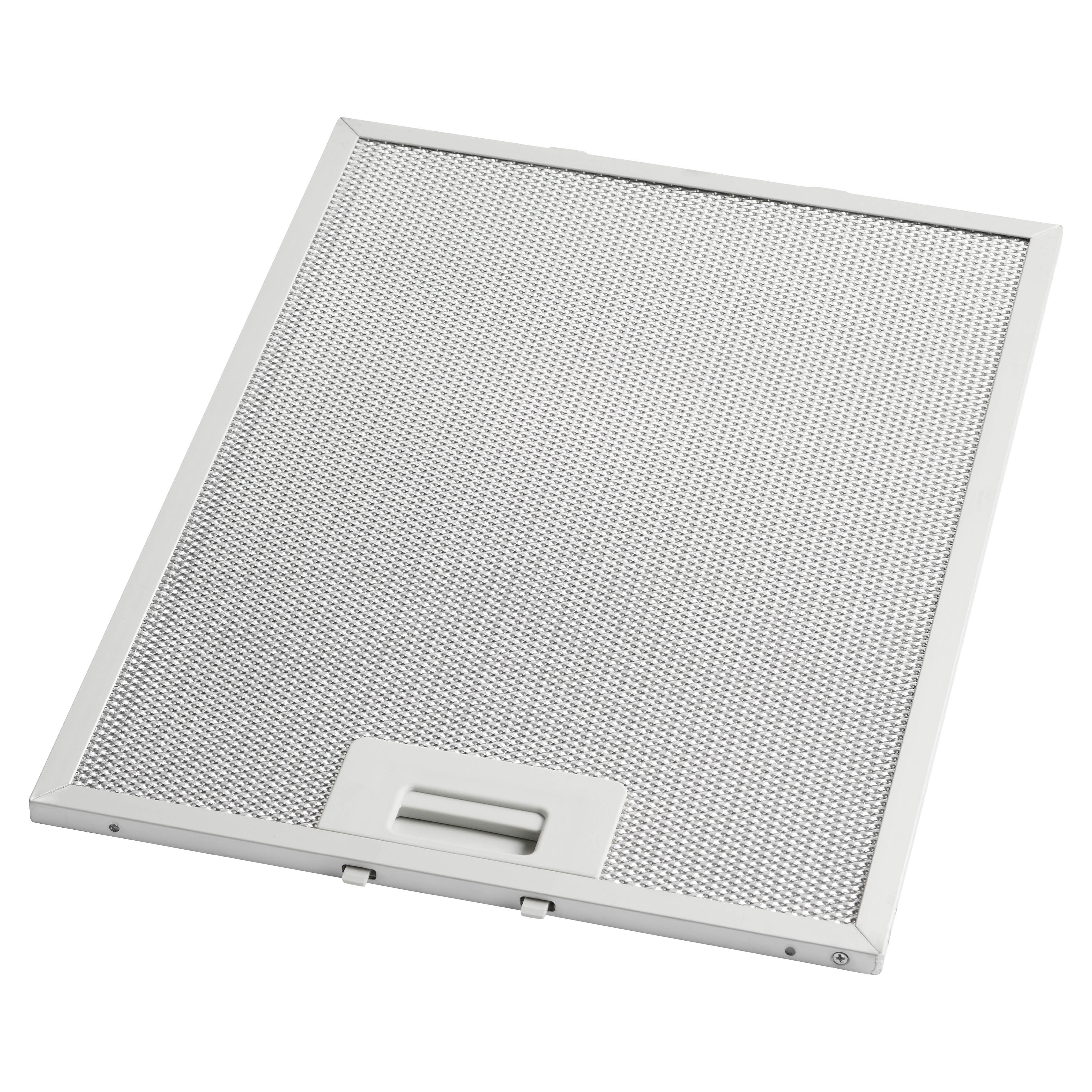 Een zilveren metalen afzuigkapfilter. Het heeft een fijnmazig gaas en een wit frame met een handvat.