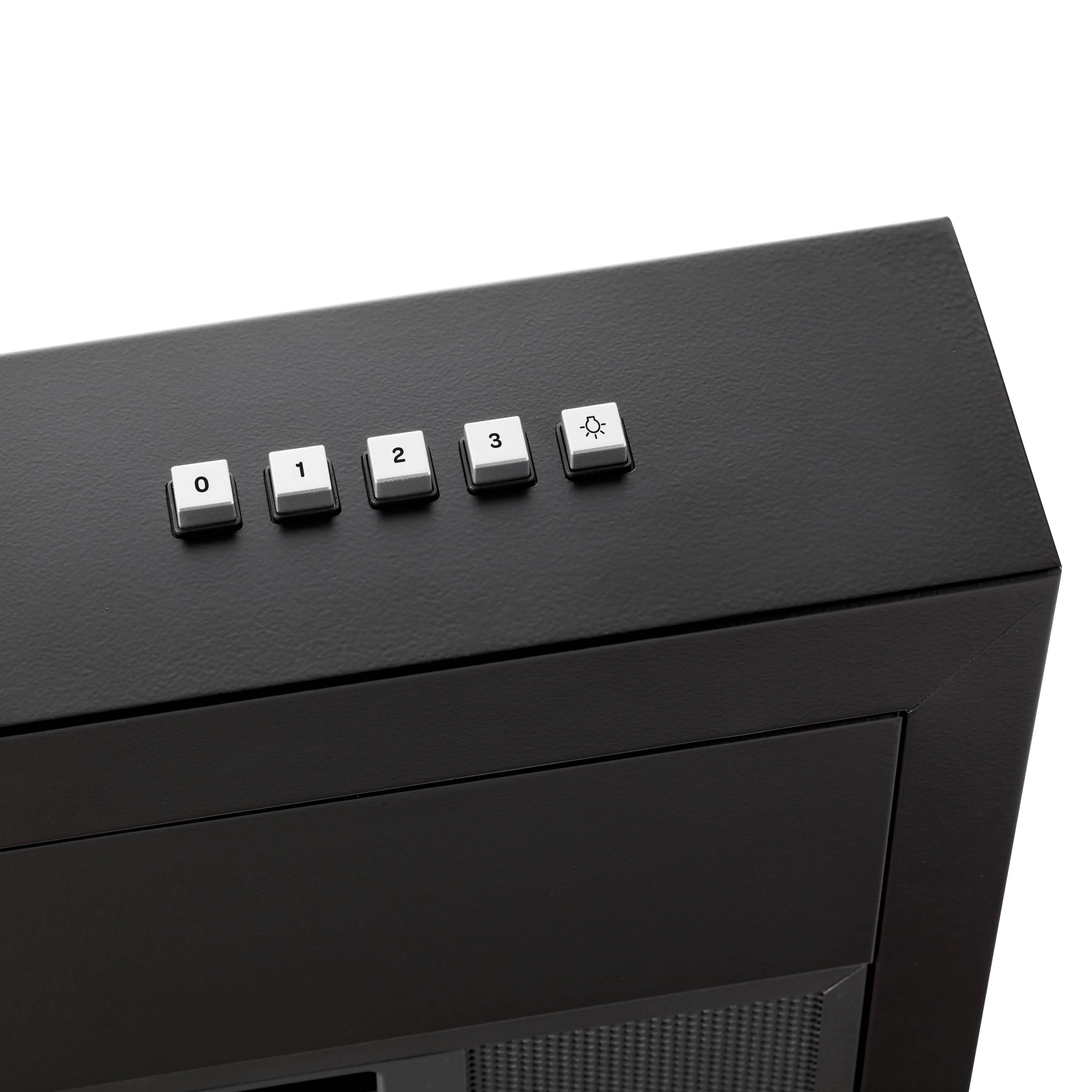 Black range hood with five white buttons. Numbers 0, 1, 2, 3, and a light bulb symbol are on the buttons.