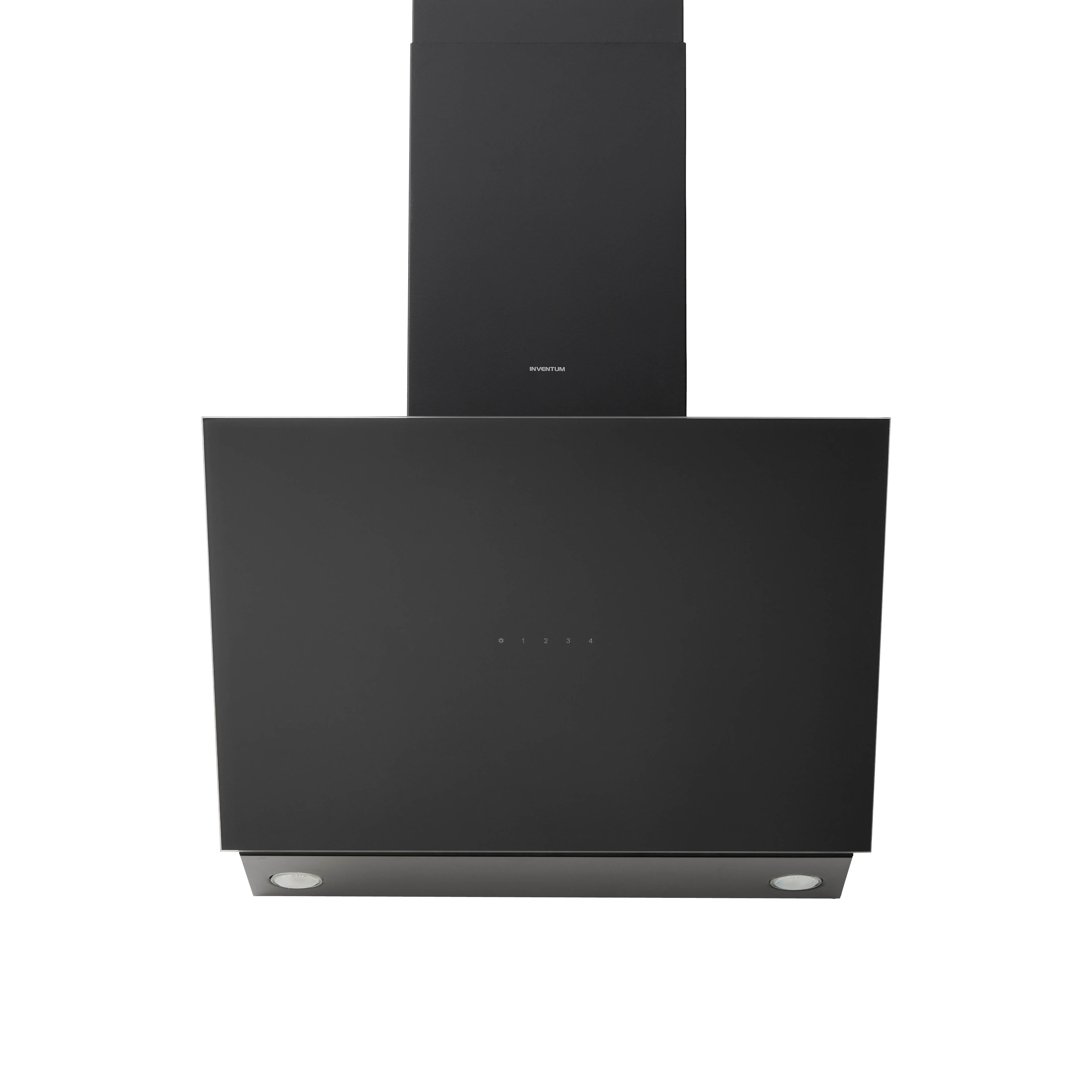 A black kitchen extractor hood. It has a rectangular design with a glass front, and a vertical chimney.