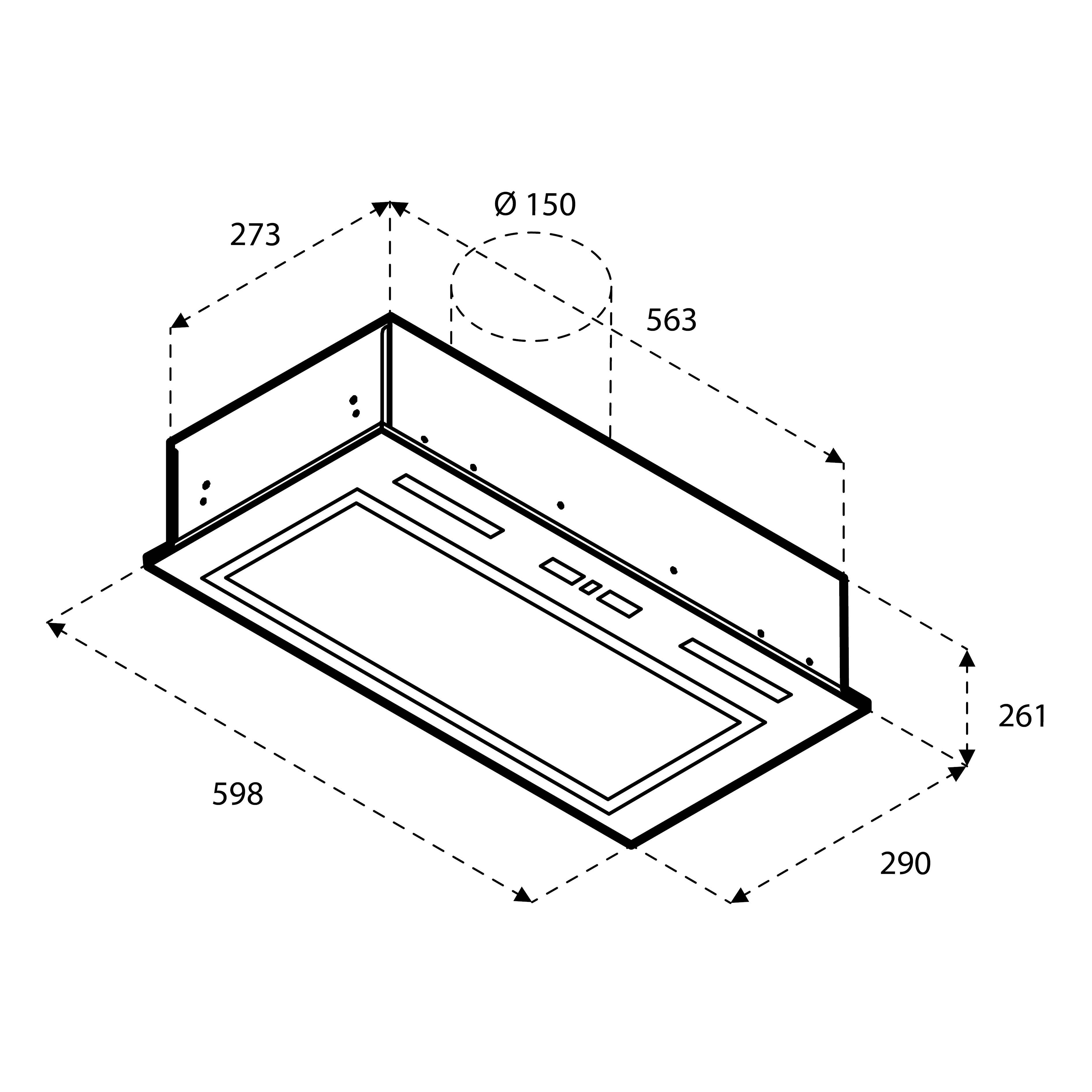 Diagram van een afzuigkap met afmetingen in millimeters. Het heeft een rechthoekig ontwerp.