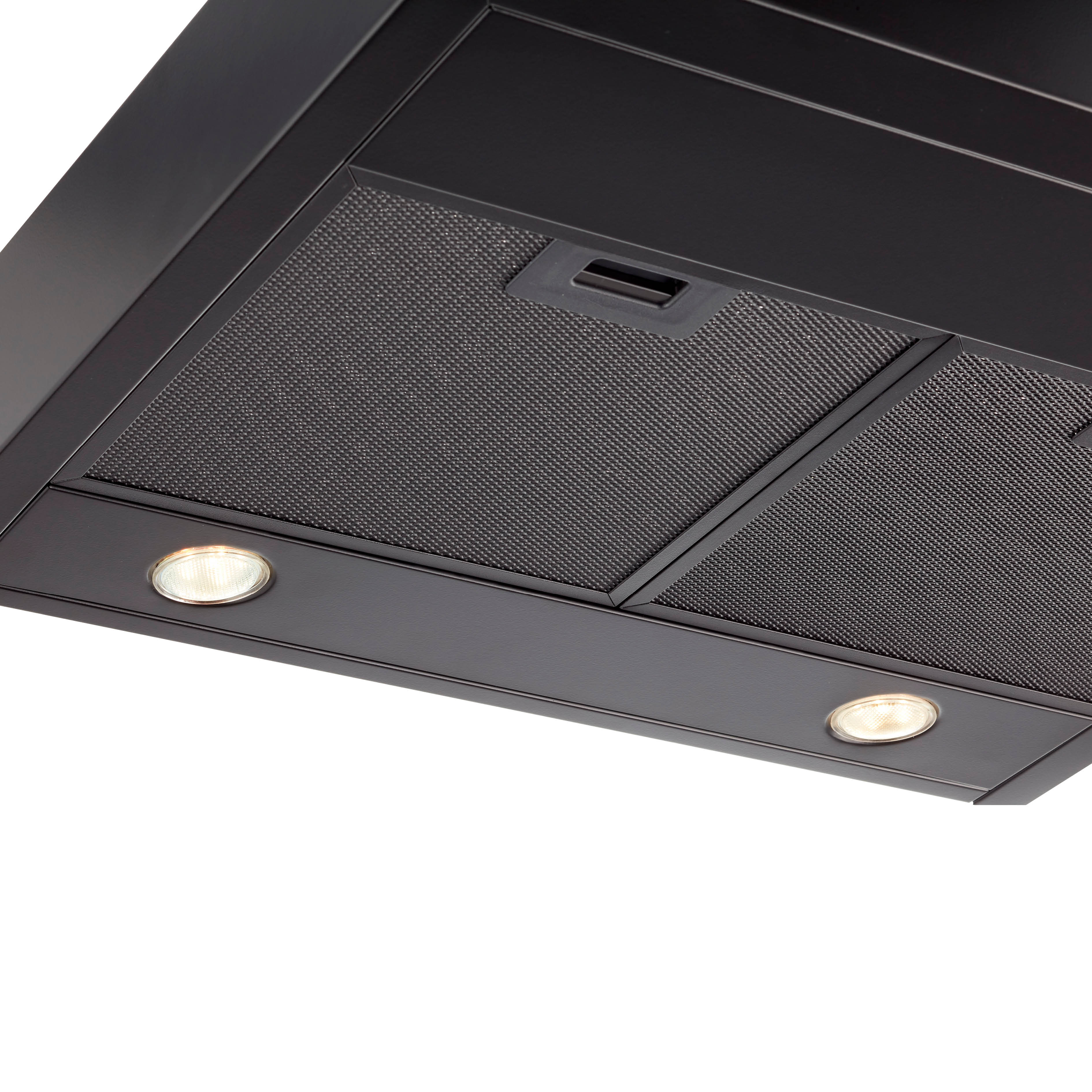 Close-up of a black range hood with two lights. It has a mesh filter and is against a white background.