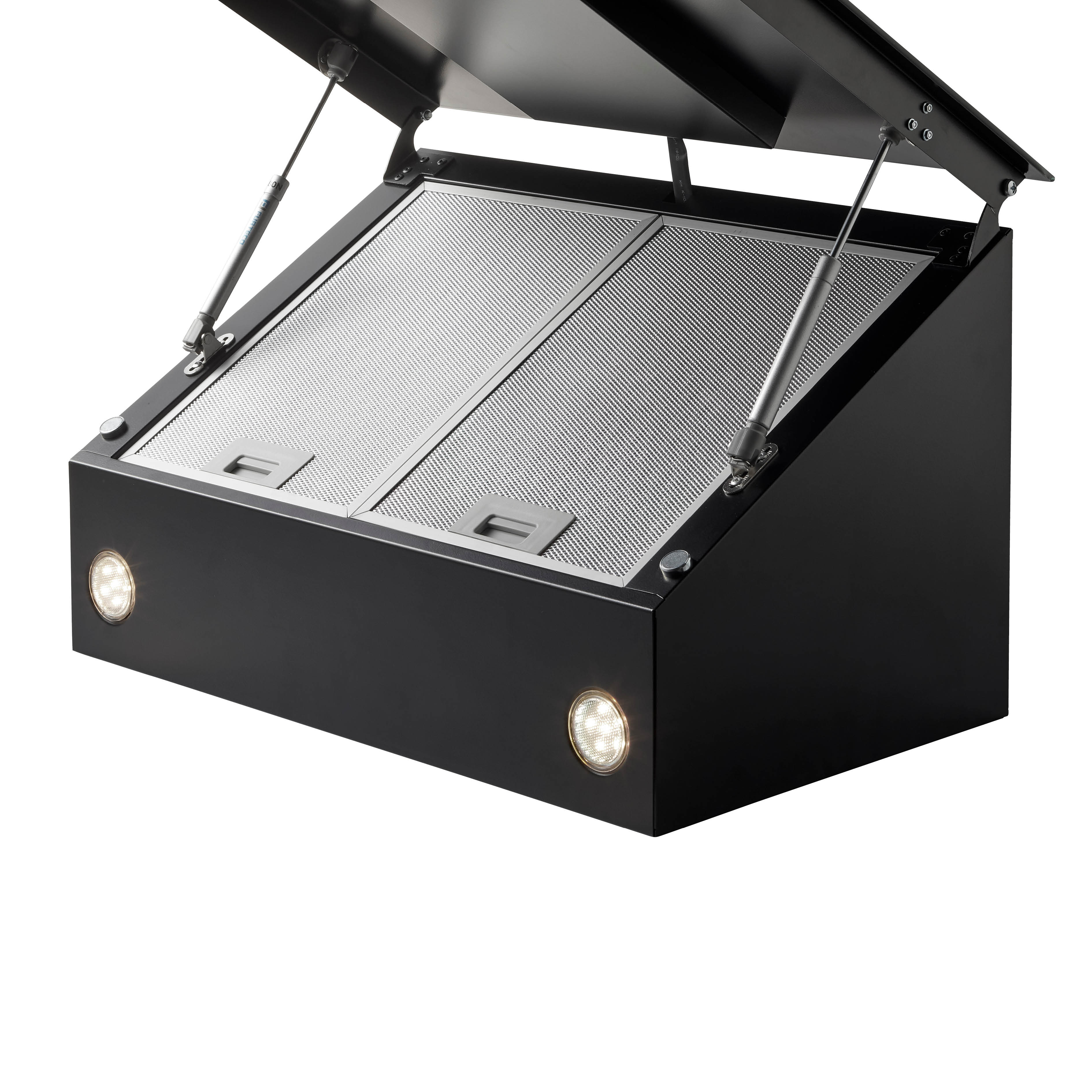 Black range hood with open lid, two lights, and a metal mesh filter on a white background.
