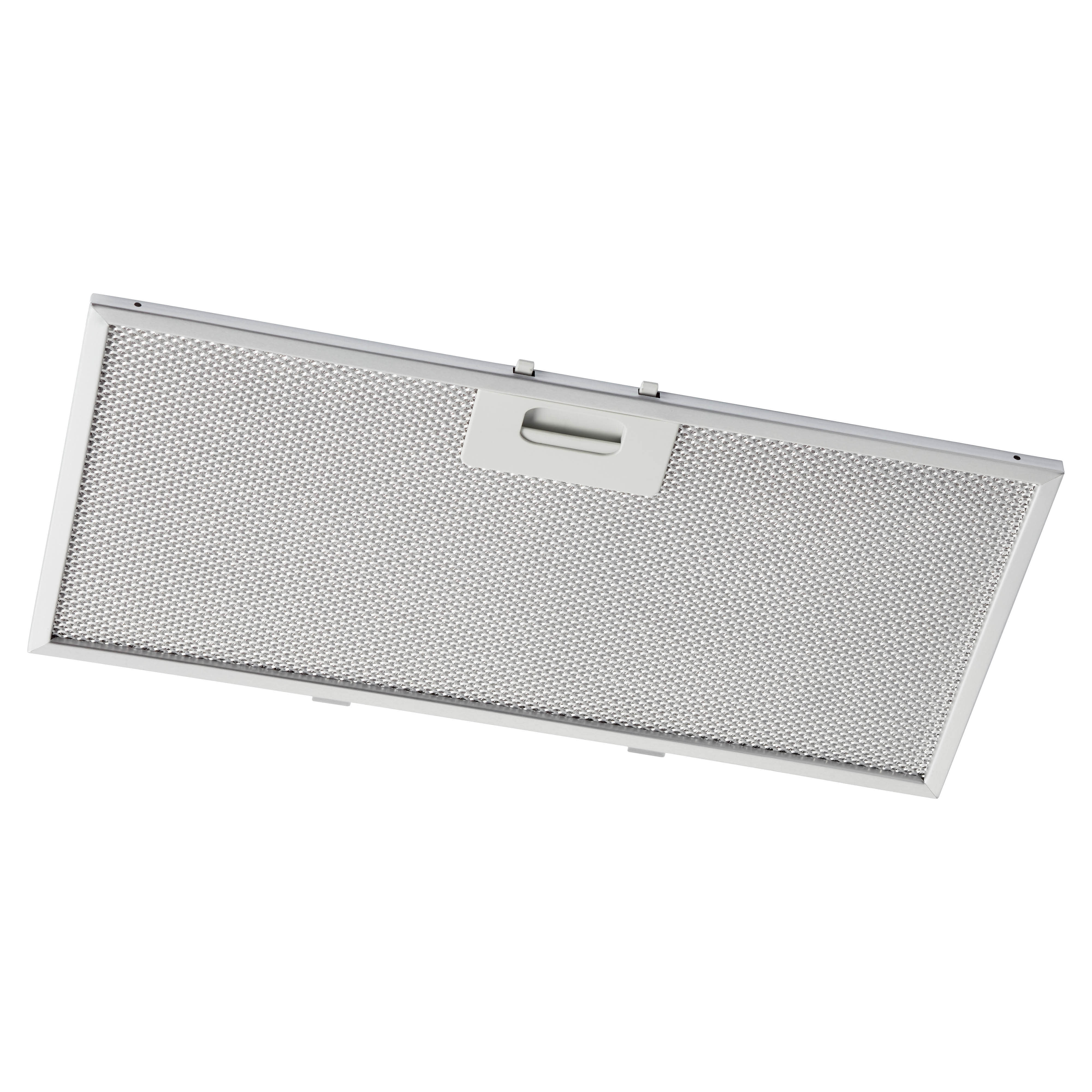 Een metalen afzuigkapfilter, rechthoekig met een gaaspatroon, handvat in het midden.