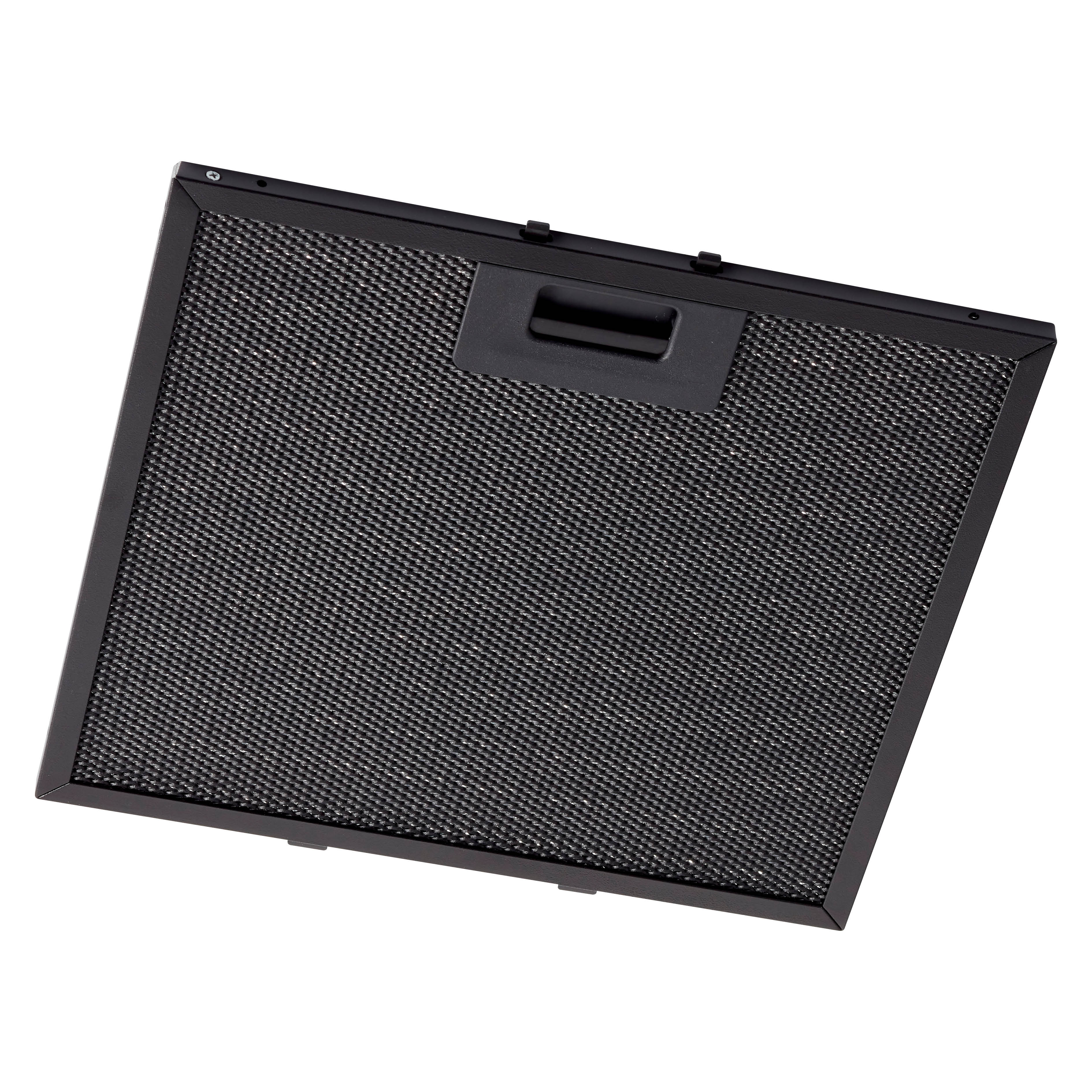 A black rectangular range hood filter. It has a metal frame and a mesh screen. The background is white.