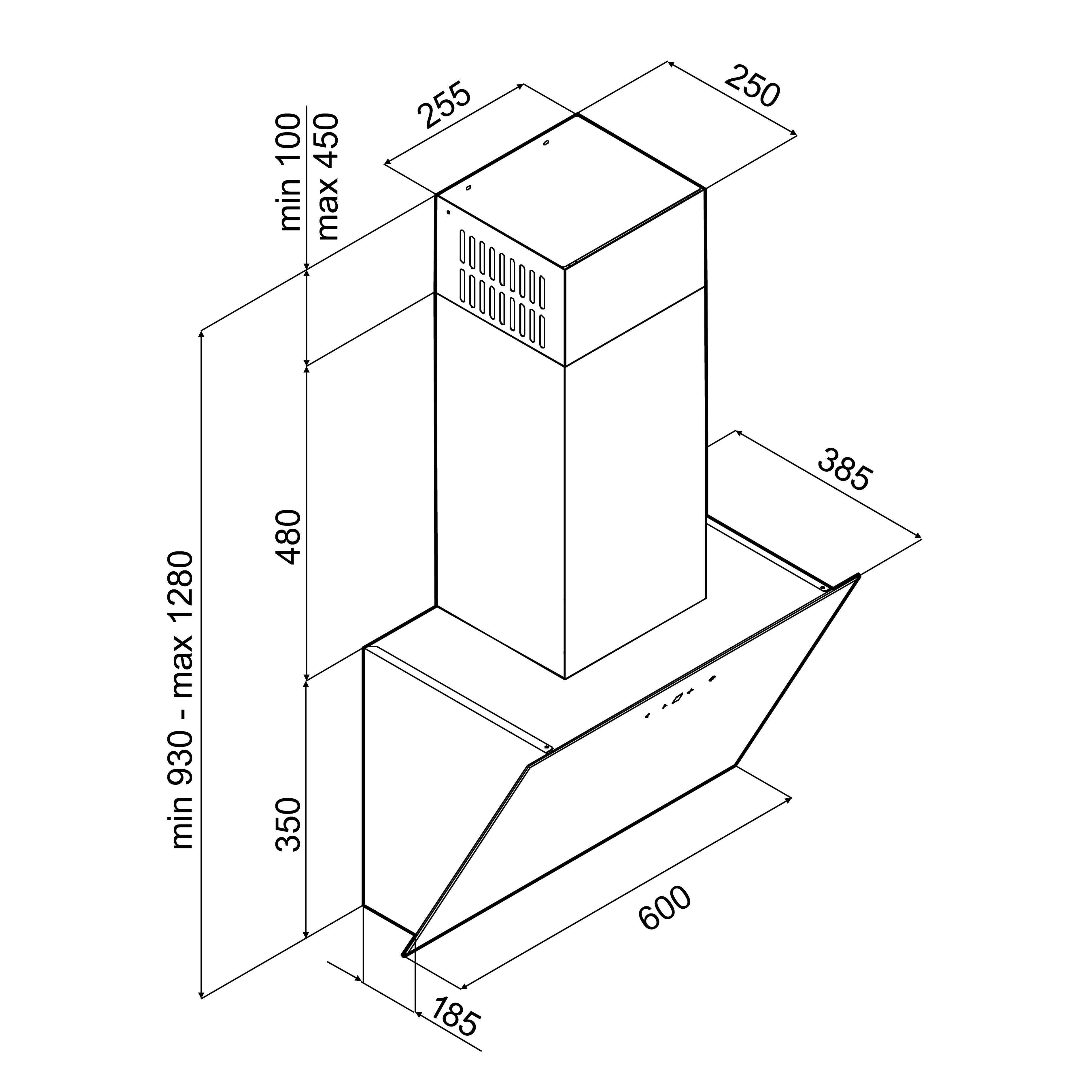 Technical drawing of a kitchen hood with dimensions. It shows a rectangular hood with a chimney, all in black lines.