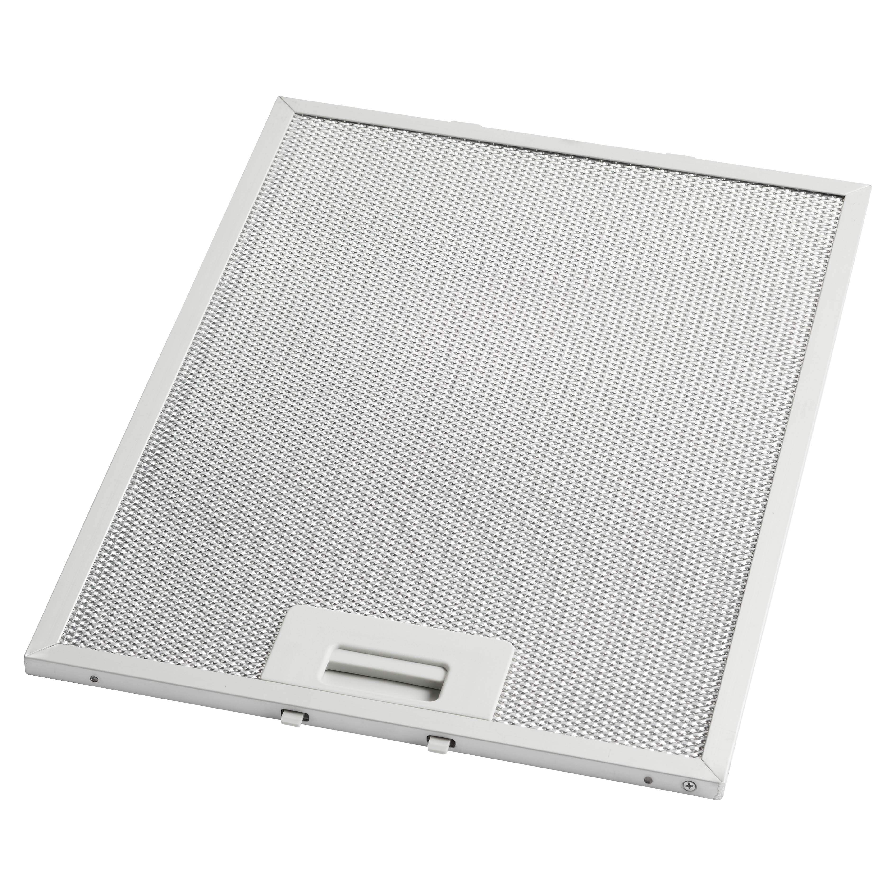 A metal range hood filter, rectangular, silver frame, mesh interior, with handle. Isolated on white background.