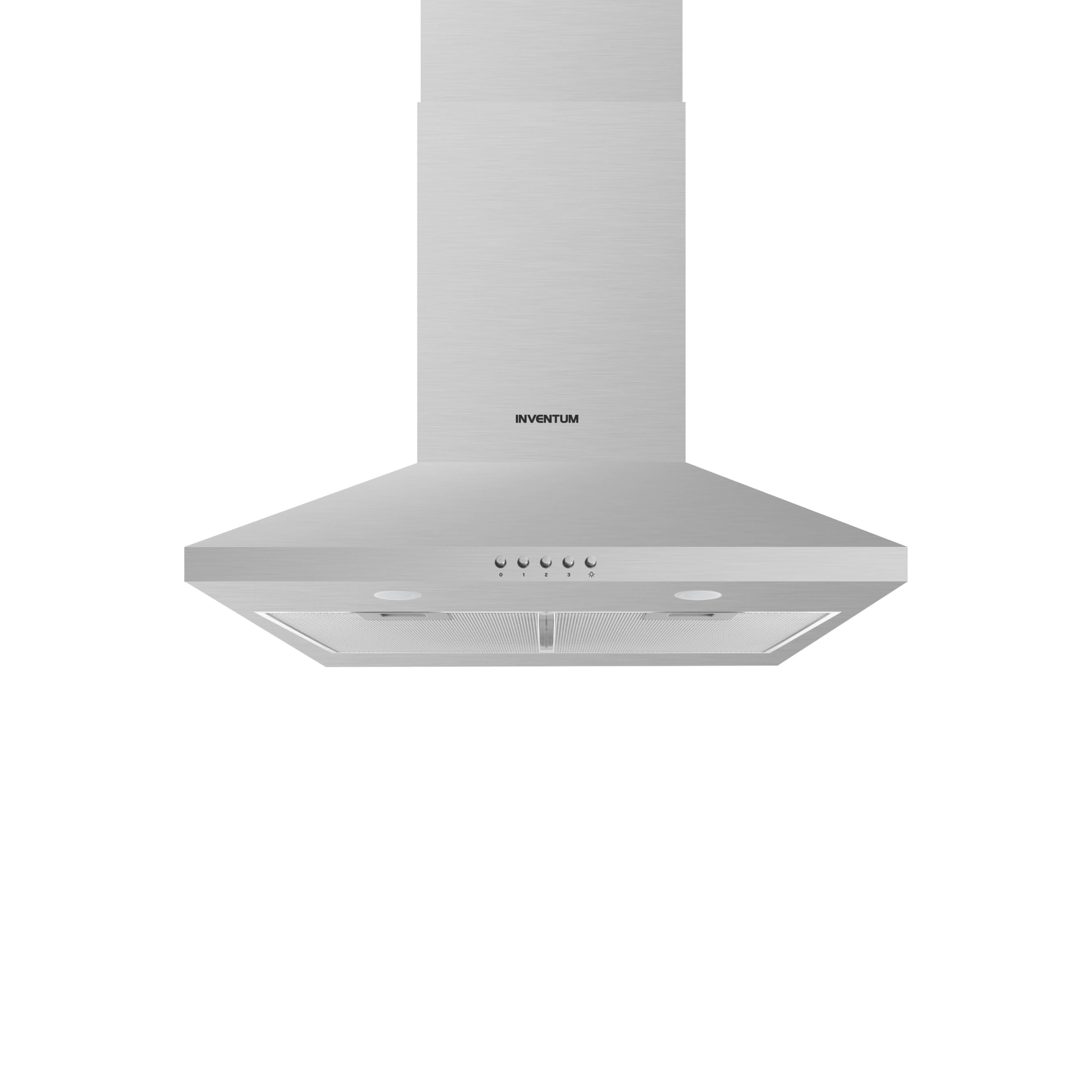 RVS afzuigkap, merk INVENTUM, met bedieningsknoppen en lampen, tegen een witte achtergrond.