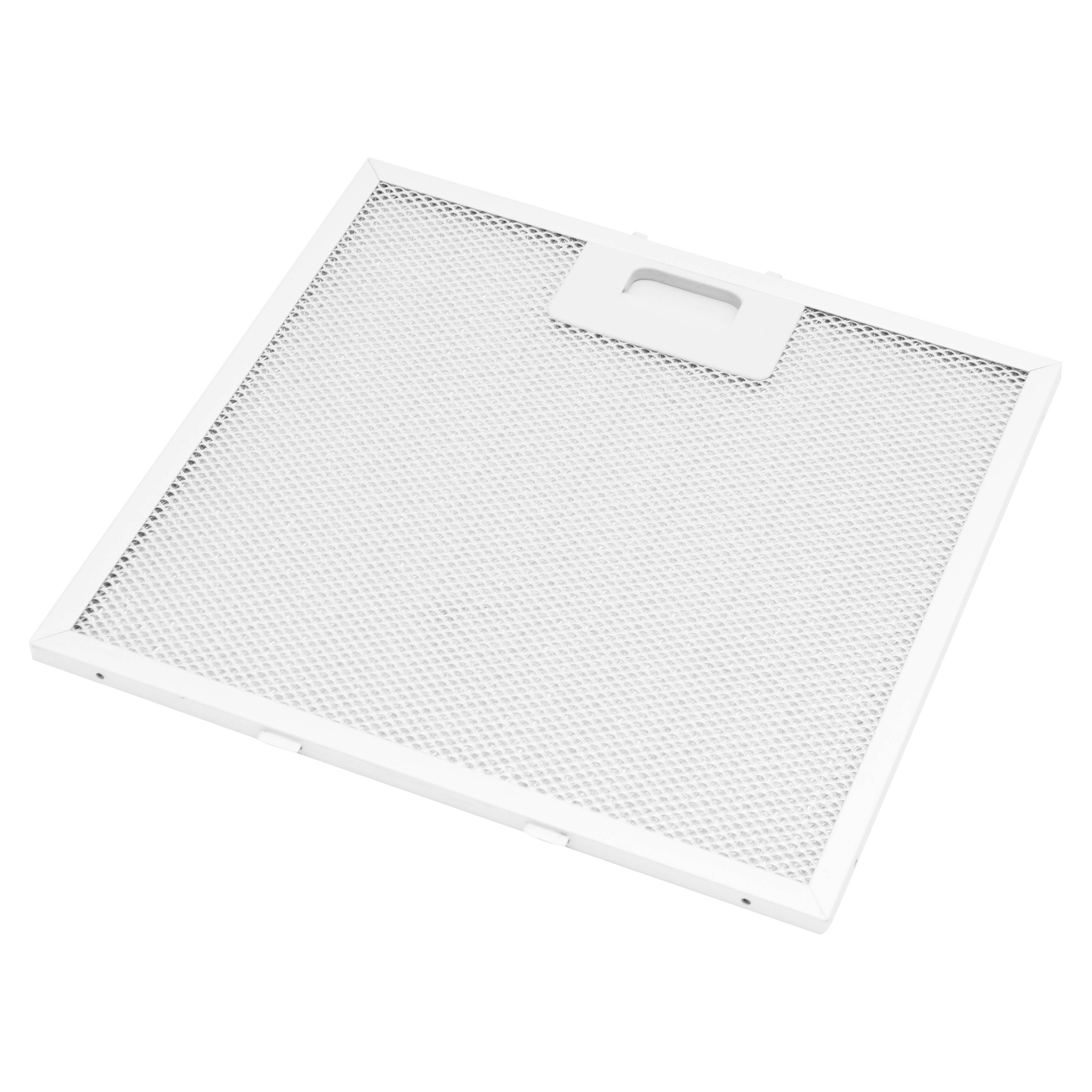 Een witte, rechthoekige afzuigkapfilter met gaas binnenkant en een handvat.