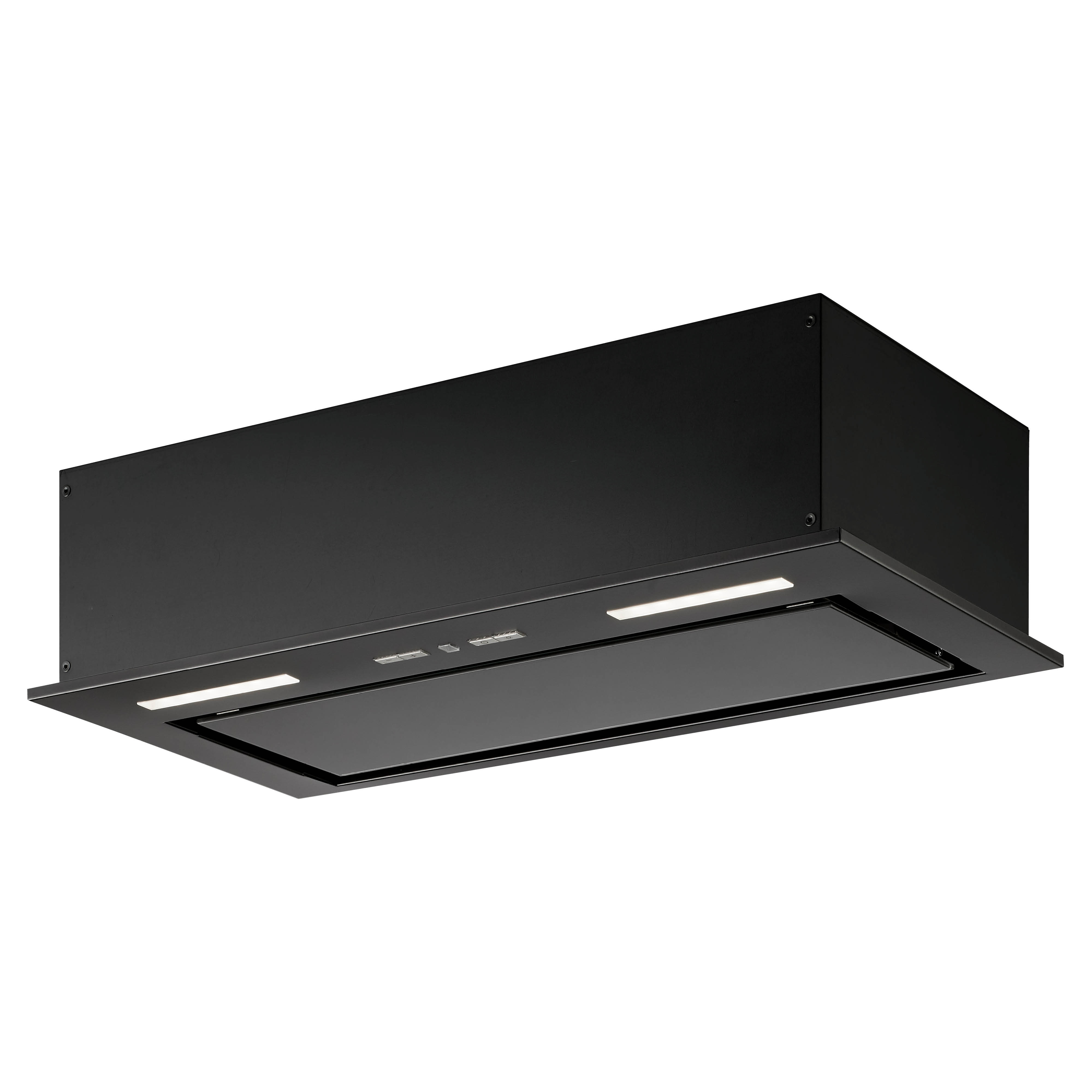 Een zwarte afzuigkap met lampen en bedieningsknoppen. De achtergrond is wit.