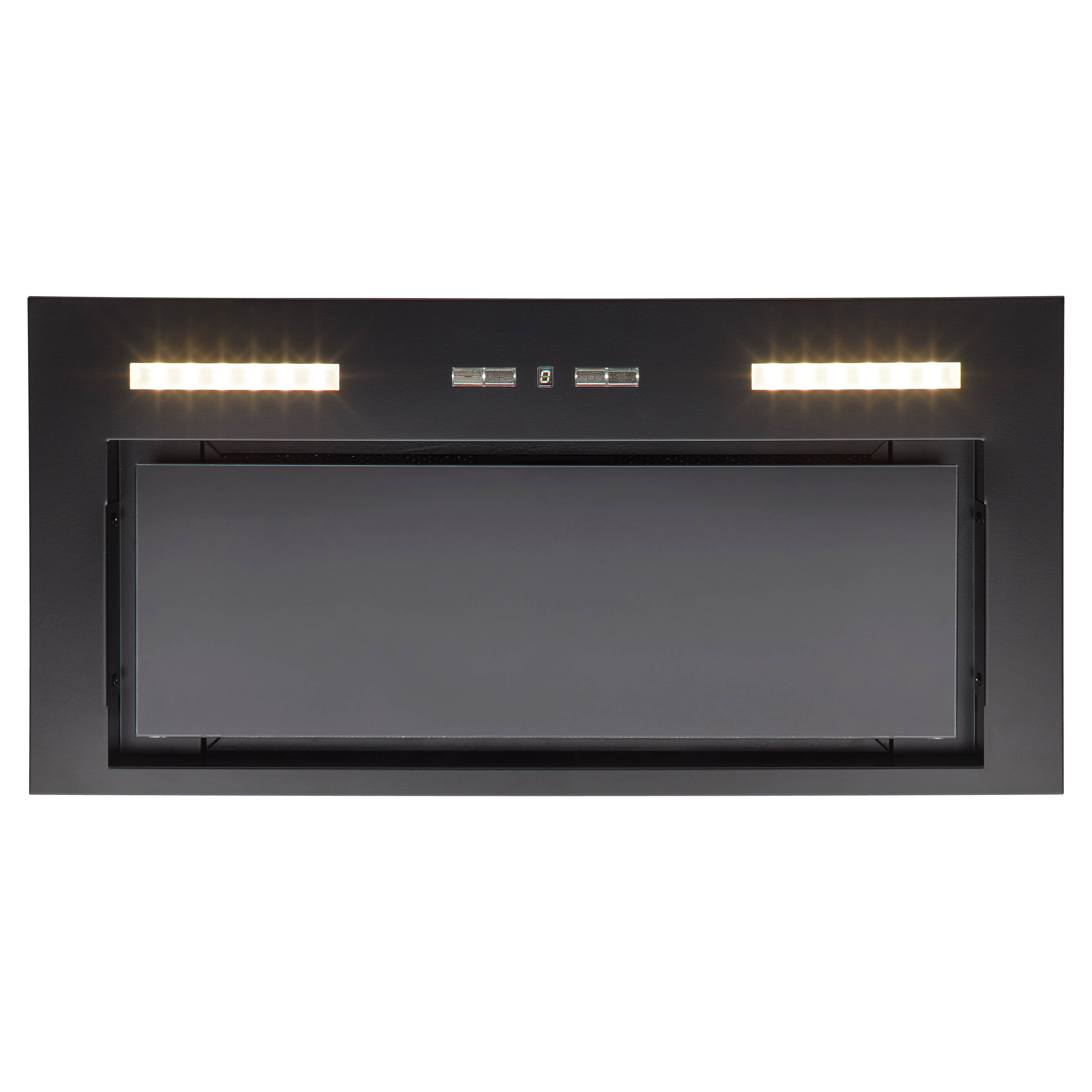 Een zwarte, rechthoekige afzuigkap met lampen en een glaspaneel. Heeft een digitaal display. Lampen aan.