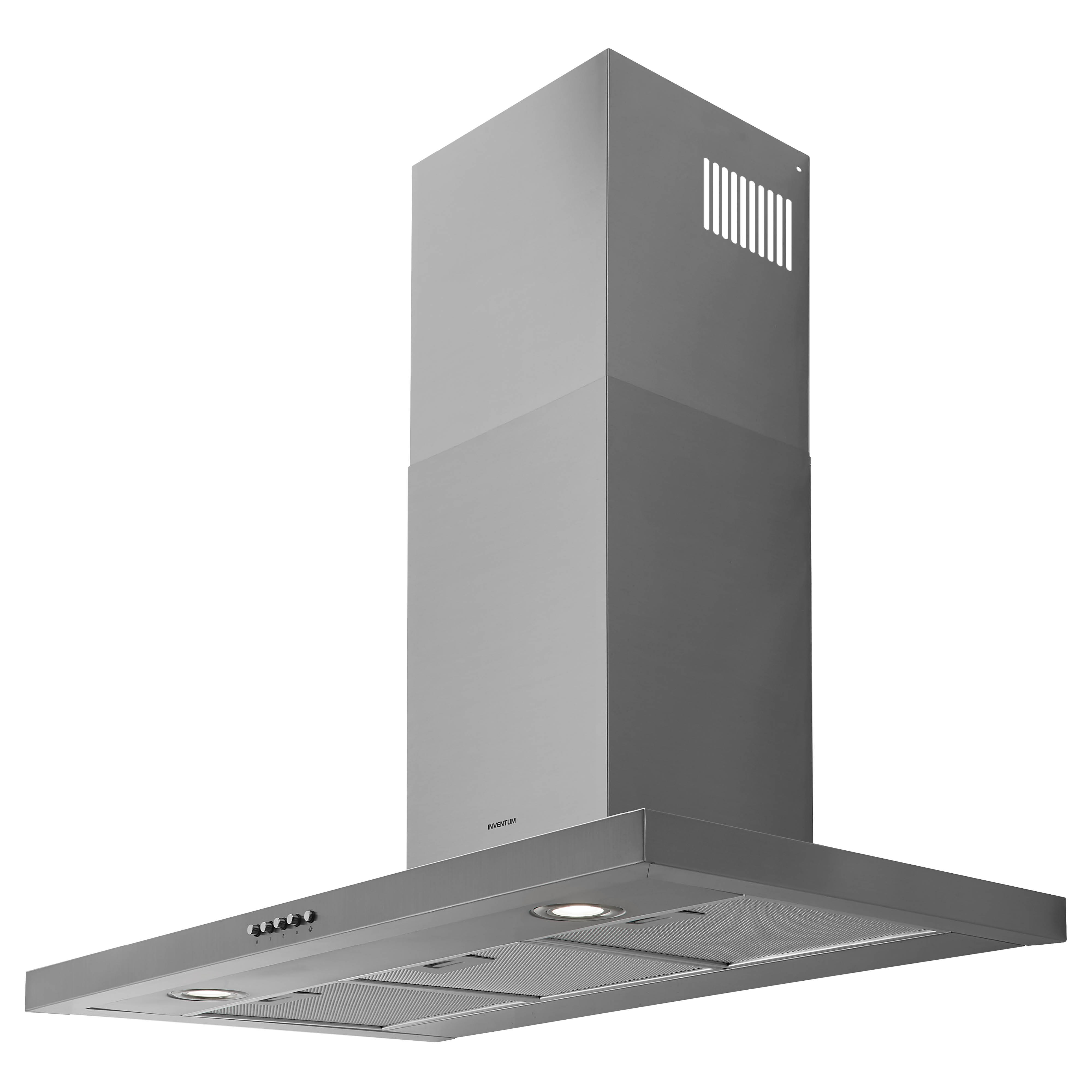 A stainless steel range hood. It has a rectangular shape with a tall vertical section and a horizontal base with lights.